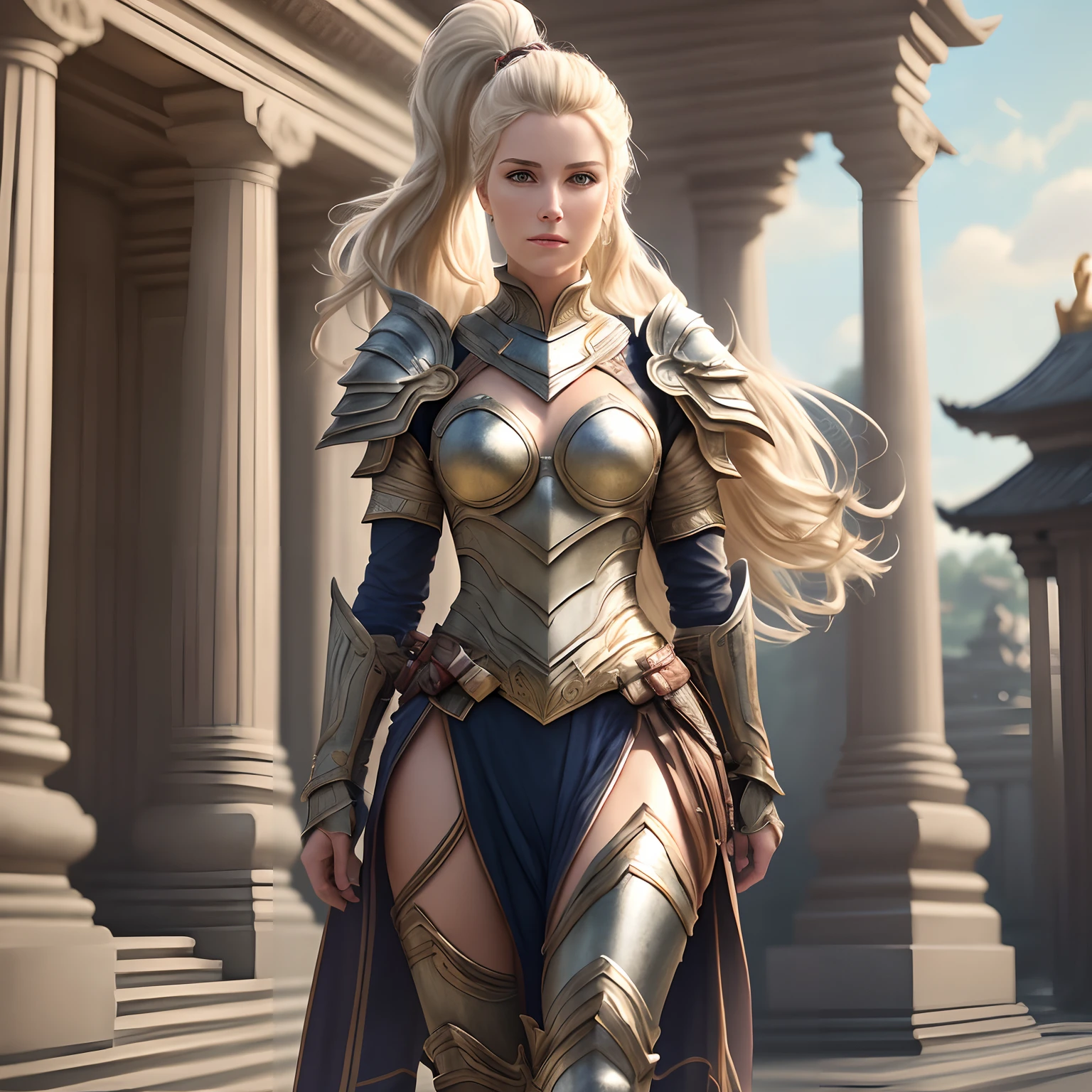 (8K, best quality: 1.2), (masterpiece: 1.37), (photo, photorealistic: 1.37), (ultra-high resolution), full body, walking pose, front shot, slow motion, female paladin using body full, (light silver armor: 1.2),(richly decorated armor), (amazingly detailed, bloom: 1.5), (high quality, Alessandro Casagrande, Greg Rutkowski, Sally Mann, concept art, 4k), 1.2), (high sharpness ), (detailed students: 1.1), detailed face and eyes, Masterpiece, best quality, (highly detailed photo: 1.1), (long blonde hair, ponytail, ecstatic: 1.1), (young: 1.1) , sharp, (perfect body:1.1), realistic, real shadow, 3d, (temple background:1.2), (by Michelangelo), photographed by Canan EOS R6, 135mm, 1/1250s, f/2.8, ISO 400