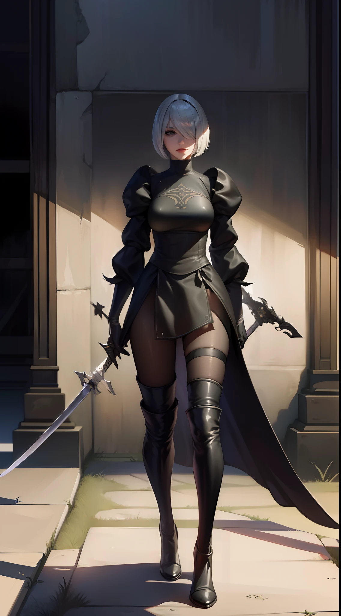 Yorha 2B, Arena de luta, Tarde, armadura preta clara, espada da sombra, vendado, corpo inteiro, sorrir, English punch,Tarde, armadura preta clara, espada da sombra, vendado, corpo inteiro, sorrir, English punch, mulher solo, somente, esperar, (Auto luz) , (Autofocus) , Frente para tela