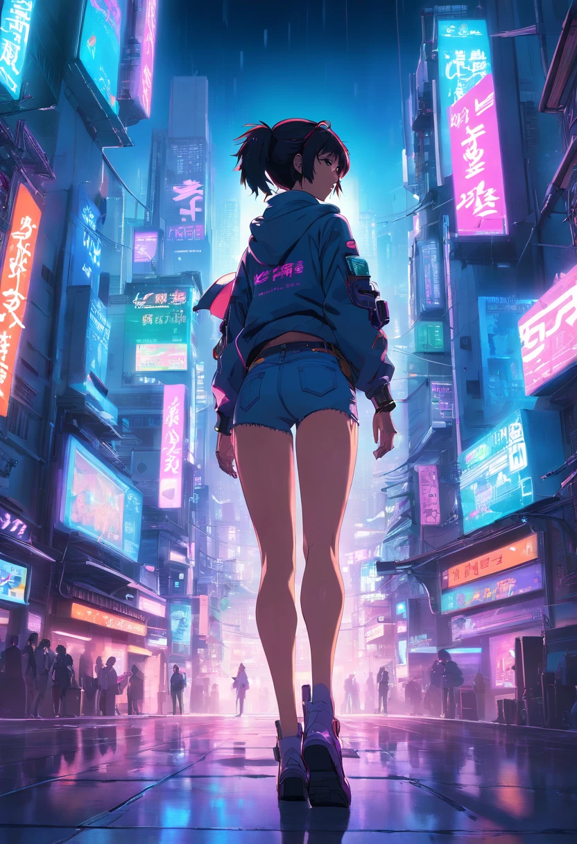 (cyberpunk city landscape) () Nyonix, cyberpunk anime woman, posing from behind in metropolis with a rebellious spirit. Her hair seemed to dance under neon lights, The color changes with each heartbeat. Her costume is a fusion of wires, circuit, and urban fashion, Decorated with neon signs，Twinkle like a city light. Nyonix exudes an aura of technical prowess, As if she could invade the cities around her. In her presence, Cyberpunk cityscapes come to life, The holographic billboard changes to show her message，The air was filled with mechanical hums and slogans of protest, big ass, hot jeans, the jeans digging into her butt