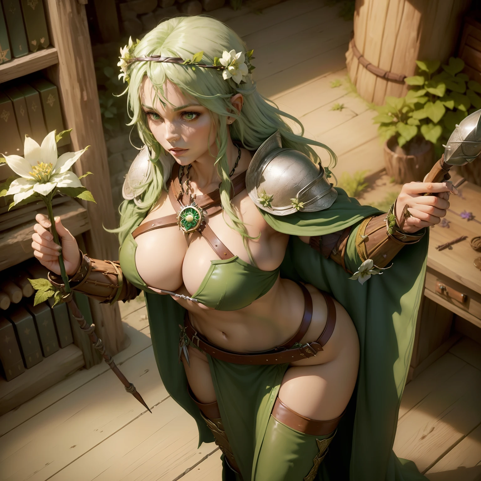 (((herbalist))) (((slim female))) (((druid))) (((pretty woman))) (((alchemist office))) (((human))) (((theme fantasy))) (((wood staff in hand))) ((( White Flower crown in head))) (((big boobs))) (((full body and stand up))) (((leather armor))) (((solo))) (((green hair)))