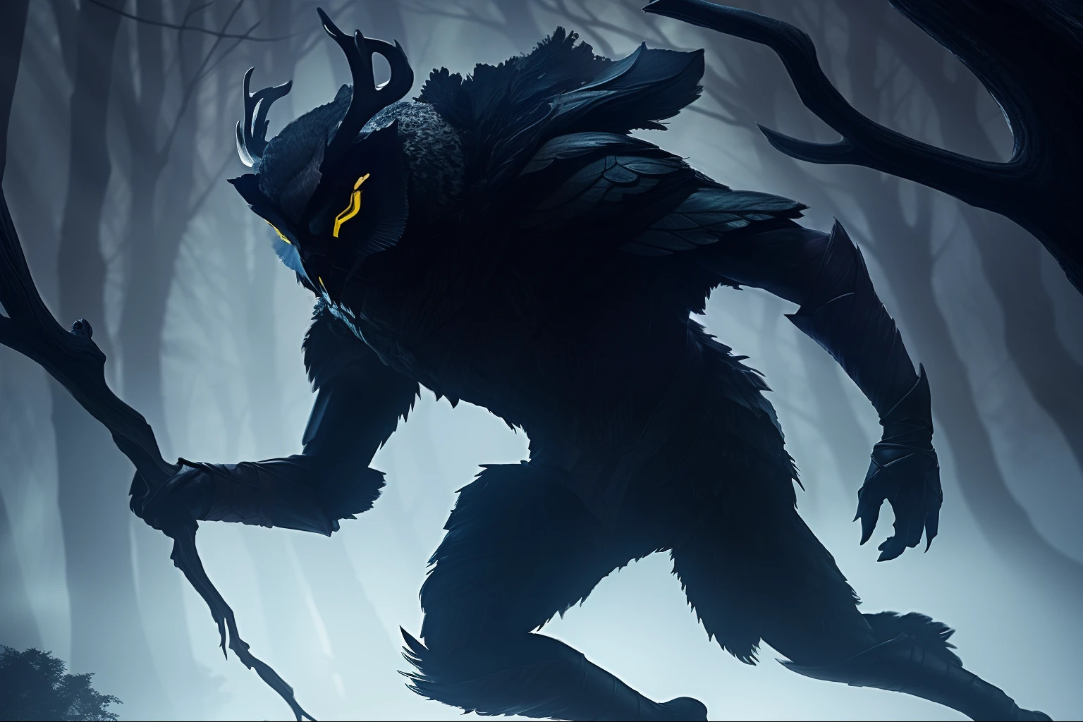 Masterpiece, highres, high Quality, night, dark forest, shadow, running, chasing someone, dynamic pose, humanoid creature with deer legs, deer head with owl face, skinny and malnourished body covered in feathers, arms and legs wrapped in bands,