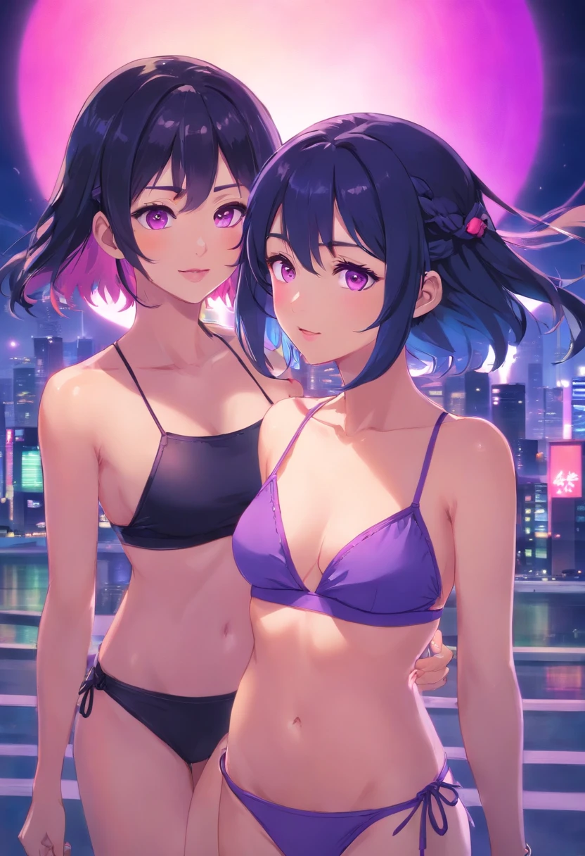 (melhor qualidade, master part), 2 women wearing bikini, olhando uma para a outra vista lateral, The woman on the left is an emotionless psychopath, com cabelos castanhos e pontas verdes e rosas quentes, while wearing a black croptop with green eyes and smiling at the woman on the right, The woman on the right is emotionless and serious, She has black hair and has blue and pink braids while wearing a purple croptop with warm pink lips and there is a purple lighting on both women ;