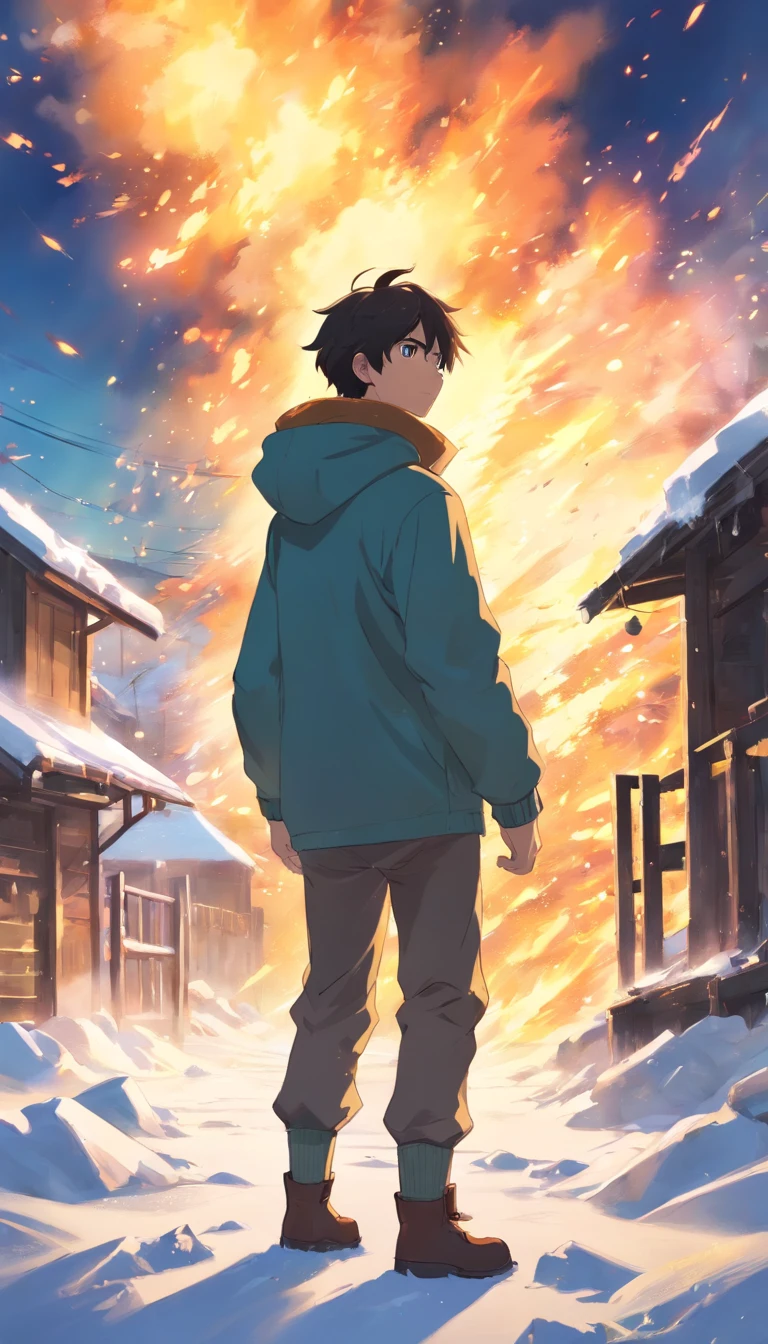 An epic scene where, in the middle of a destroyed and cold village, covered in dense snow, the protagonist, a young man with dark hair and glowing golden eyes, bruised by the confrontation, awakens the power of fire