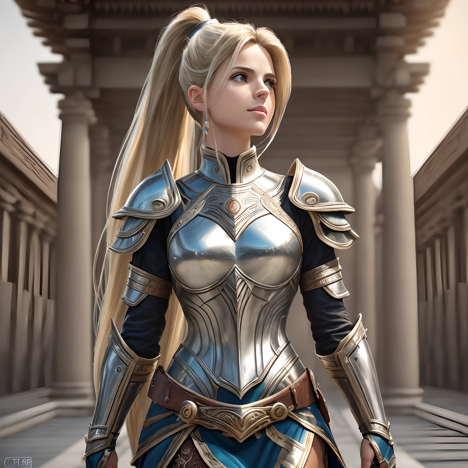 (8K, best quality: 1.2), (masterpiece: 1.37), (photo, photorealistic: 1.37), (ultra-high resolution), full body, walking pose, front shot, slow motion, female paladin using body full, (light silver armor: 1.2),(richly decorated armor), (amazingly detailed, bloom: 1.5), (high quality, Alessandro Casagrande, Greg Rutkowski, Sally Mann, concept art, 4k), 1.2), (high sharpness ), (detailed students: 1.1), detailed face and eyes, Masterpiece, best quality, (highly detailed photo: 1.1), (long blonde hair, ponytail, ecstatic: 1.1), (young: 1.1) , sharp, (perfect body:1.1), realistic, real shadow, 3d, (temple background:1.2), (by Michelangelo), photographed by Canan EOS R6, 135mm, 1/1250s, f/2.8, ISO 400