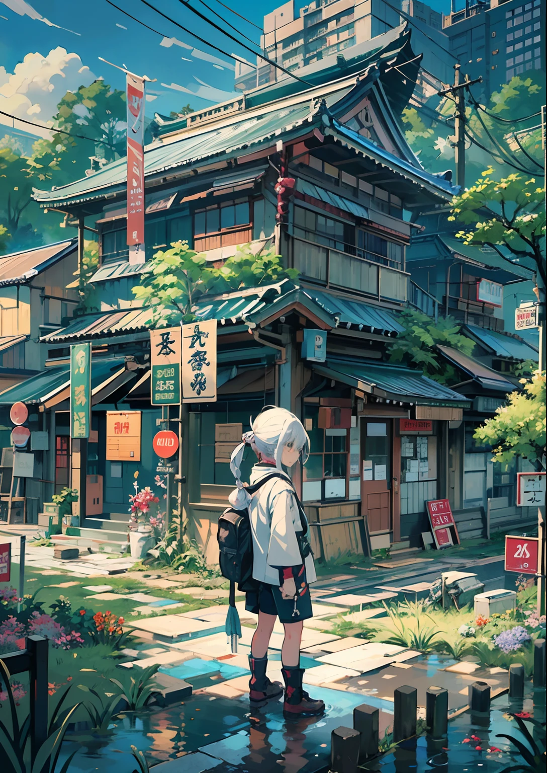 1boy,Man's ,Cyberpunk Boy、katanas,machine gun、Cat's ears、silber hair、poneyTail、The beginning of the adventure、Dragon in the sky、during daytime、Into the cloud、ruined and devastated city、Complex Japan buildings、temple,railroad crossing、Bus stop、Trees、Warm lighting、puddles、Good old Japan landscape、Beautiful and fantastic summer landscape、Cinematic scenery、hightquality、masutepiece,8K、hight resolution、ultra-detailliert,