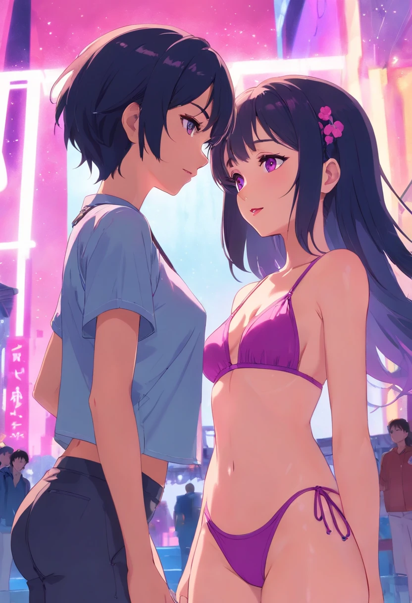 (melhor qualidade, master part), 2 women wearing bikini, olhando uma para a outra vista lateral, The woman on the left is an emotionless psychopath, com cabelos castanhos e pontas verdes e rosas quentes, while wearing a black croptop with green eyes and smiling at the woman on the right, The woman on the right is emotionless and serious, She has black hair and has blue and pink braids while wearing a purple croptop with warm pink lips and there is a purple lighting on both women ;