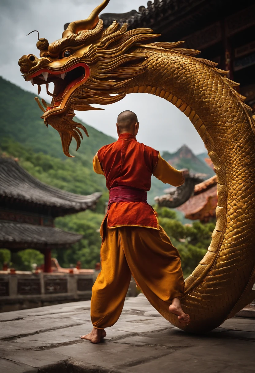 Monge Shaolin, corpo inteiro, Pose de combate marcial, China dragon in background