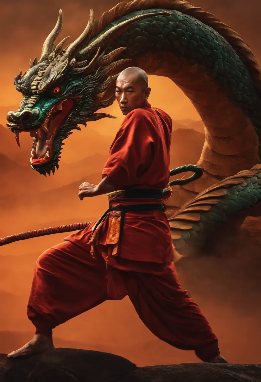 Monge Shaolin, corpo inteiro, Pose de combate marcial, China dragon in background