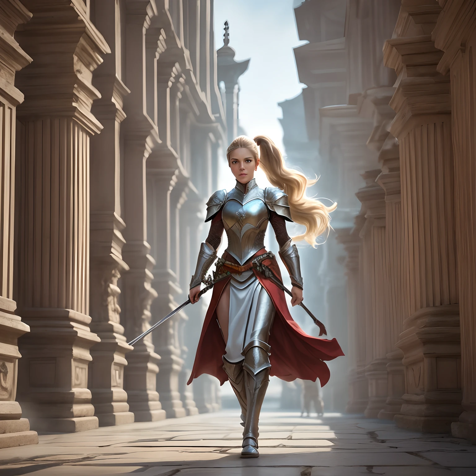 (8K, best quality: 1.2), (masterpiece: 1.37), (photo, photorealistic: 1.37), (ultra-high resolution), full body, walking pose, front shot, slow motion, female paladin using body full, (light silver armor: 1.2),(richly decorated armor), (amazingly detailed, bloom: 1.5), (high quality, Alessandro Casagrande, Greg Rutkowski, Sally Mann, concept art, 4k), 1.2), (high sharpness ), (detailed students: 1.1), detailed face and eyes, Masterpiece, best quality, (highly detailed photo: 1.1), (long blonde hair, ponytail, ecstatic: 1.1), (young: 1.1) , sharp, (perfect body:1.1), realistic, real shadow, 3d, (temple background:1.2), (by Michelangelo), photographed by Canan EOS R6, 135mm, 1/1250s, f/2.8, ISO 400