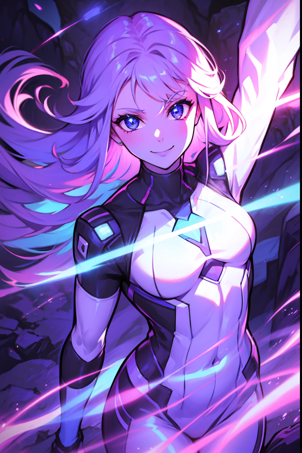 Glowing purple and blue hair, white skin, black body suit, glowing eyes, smile, cave with light blue lighting