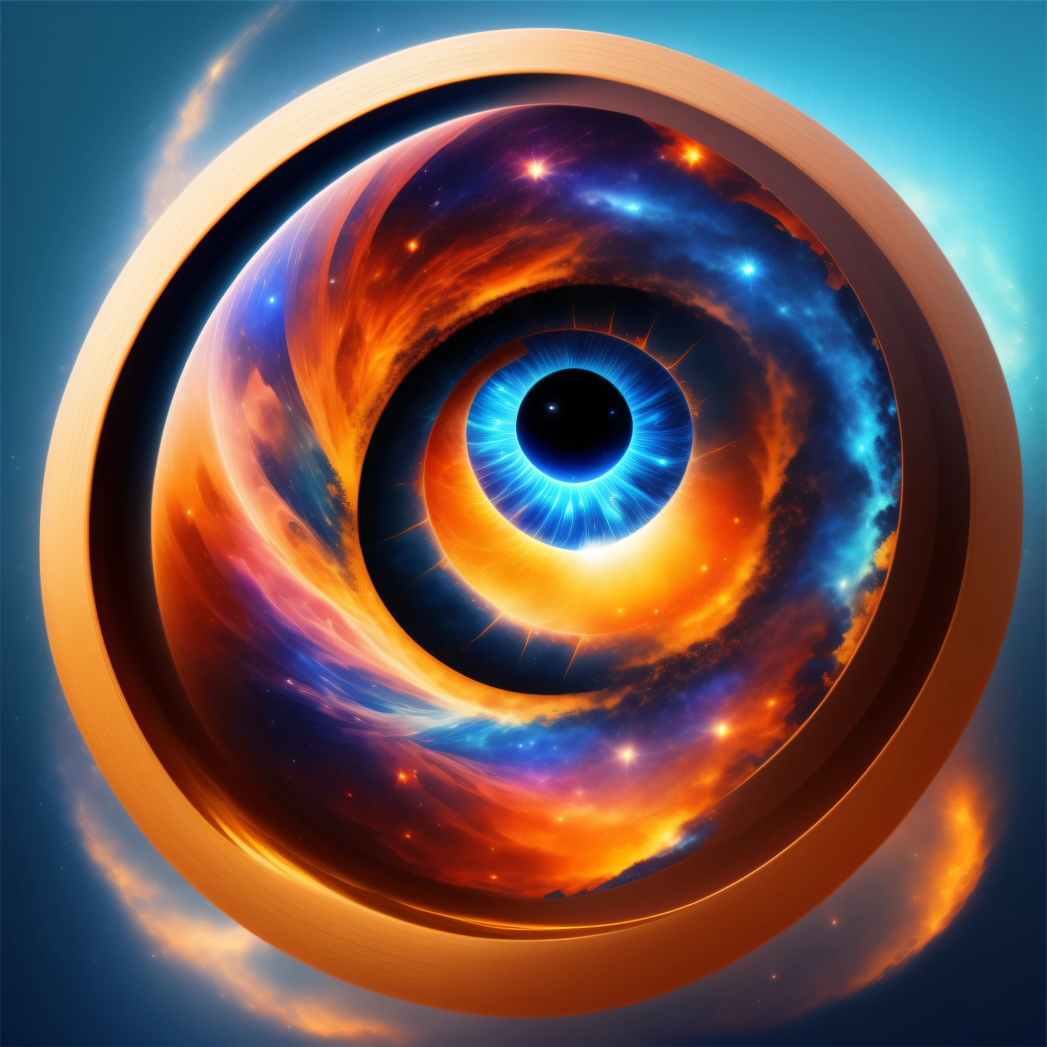 a modern and unique minimalist logo of a human eye reflecting the Milky Way inside,Nebulosa Azul, roxa, vermelha, laranja,neblina nebulosa,brilho dourado,beautiful cosmic neural network,arte digital muito bonita, Arte digital altamente detalhada em 4k, softly swirling magical energy,Redemoinhos de magia,dreamlike art, Estilo Intrincado Ornamentado CGI Anime, fundo isolado