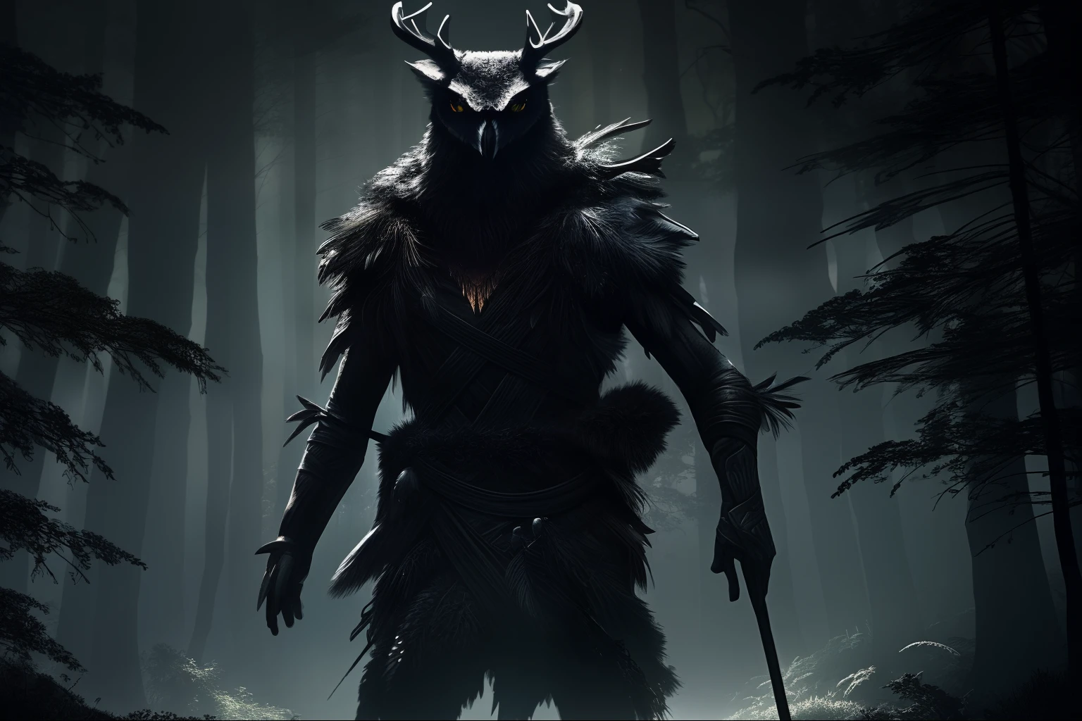 Masterpiece, highres, high Quality, night, dark forest, shadow, looking for someone in the forest, dynamic pose, humanoid creature with deer legs, deer head with owl face, skinny and malnourished body covered in feathers, arms and legs wrapped in bands,