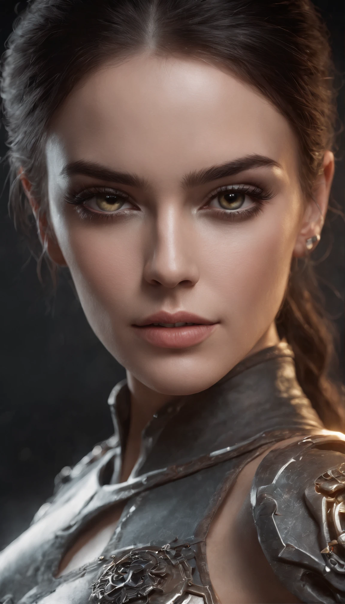 Beautiful cyborg warrior woman in rusty magic style, aumento cyberpunk, Cyber Software, ciborgue, fibras de carbono, cromar, Implantes, metal skull, Cyber Plate Armadura, (atmosfera escura:1.2), (nevoeiro & smoke billowing), (It's dark night:1.3), As cicatrizes, (medium length shaggy dark hair:1.1), (sombras para os olhos:1.1), (brilho lindamente detalhado:1.2), (Cinematic lighting), detalhes intrincados, A high resolution, olhos arredondados, detailed facial features, foco nítido, liso, aesthetic, Fundo escuro detalhado da planta industrial, pose estilosa, dynamicposes, (dramapaint)