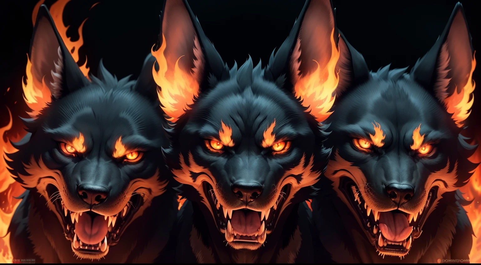 Generate an image of a terrifying and monstrous three-headed dog, its heads adorned with flaming eyes, and set against a backdrop of roaring flames. Emphasize the ferocity and otherworldly nature of this creature as it snarls and glares with its fiery gaze. Make the background a raging inferno to create a dramatic and hellish atmosphere around the fearsome beast