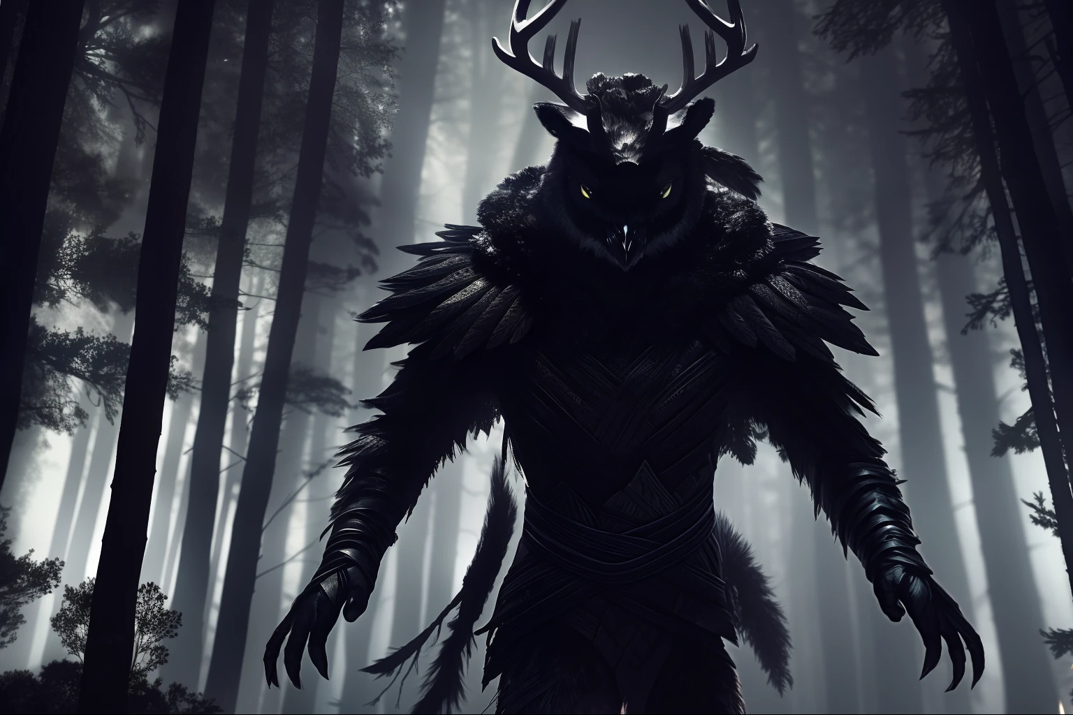 Masterpiece, highres, high Quality, night, dark forest, shadow, dynamic pose, humanoid creature with deer legs, deer head with owl face, skinny and malnourished body covered in feathers, arms and legs wrapped in bands, looking for someone in the forest,