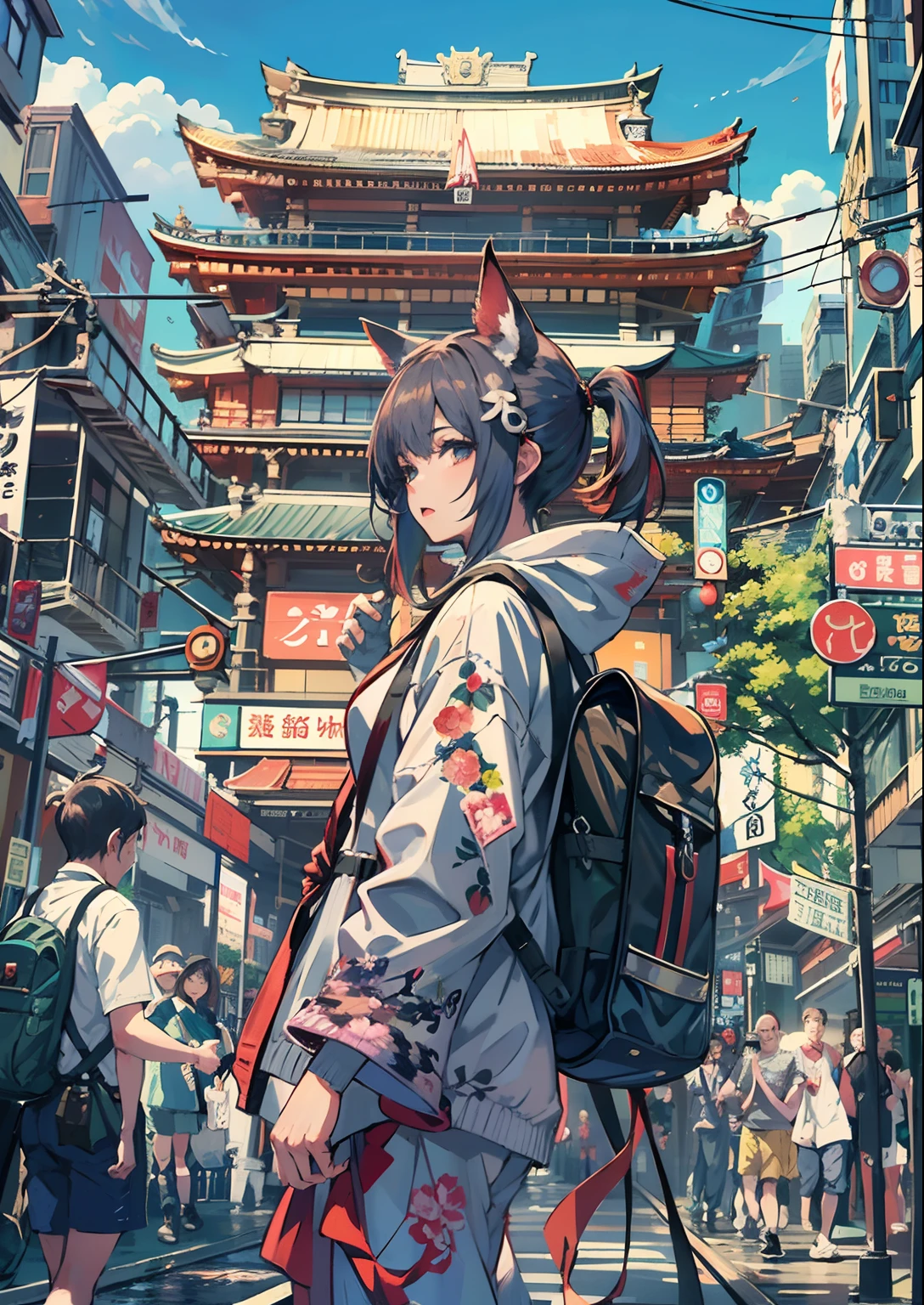1boy,Man's ,Cyberpunk Boy、katanas,machine gun、Cat's ears、silber hair、poneyTail、The beginning of the adventure、Dragon in the sky、during daytime、Into the cloud、ruined and devastated city、Complex Japan buildings、temple,railroad crossing、Bus stop、Trees、Warm lighting、puddles、Good old Japan landscape、Beautiful and fantastic summer landscape、Cinematic scenery、hightquality、masutepiece,8K、hight resolution、ultra-detailliert,