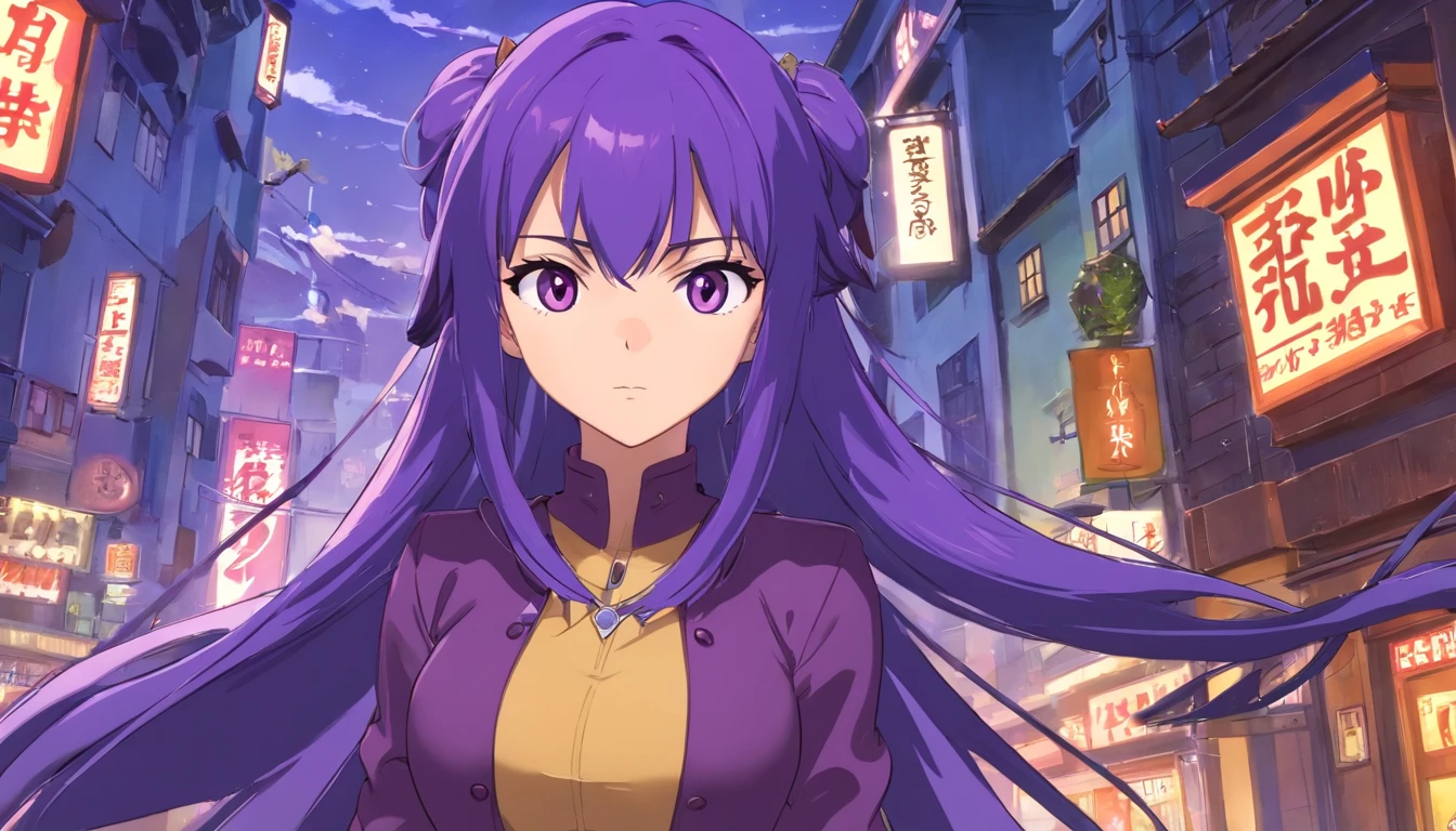 estilo anime muito bonito, mulher sexy, longos cabelos cacheados pretos, olhos esverdeados escuros, usando um espartilho roxo com cordas na frente, Black leather pantyhose, jaqueta de couro preta,  com o pano de fundo de uma cidade sombria, dark purple thunder,