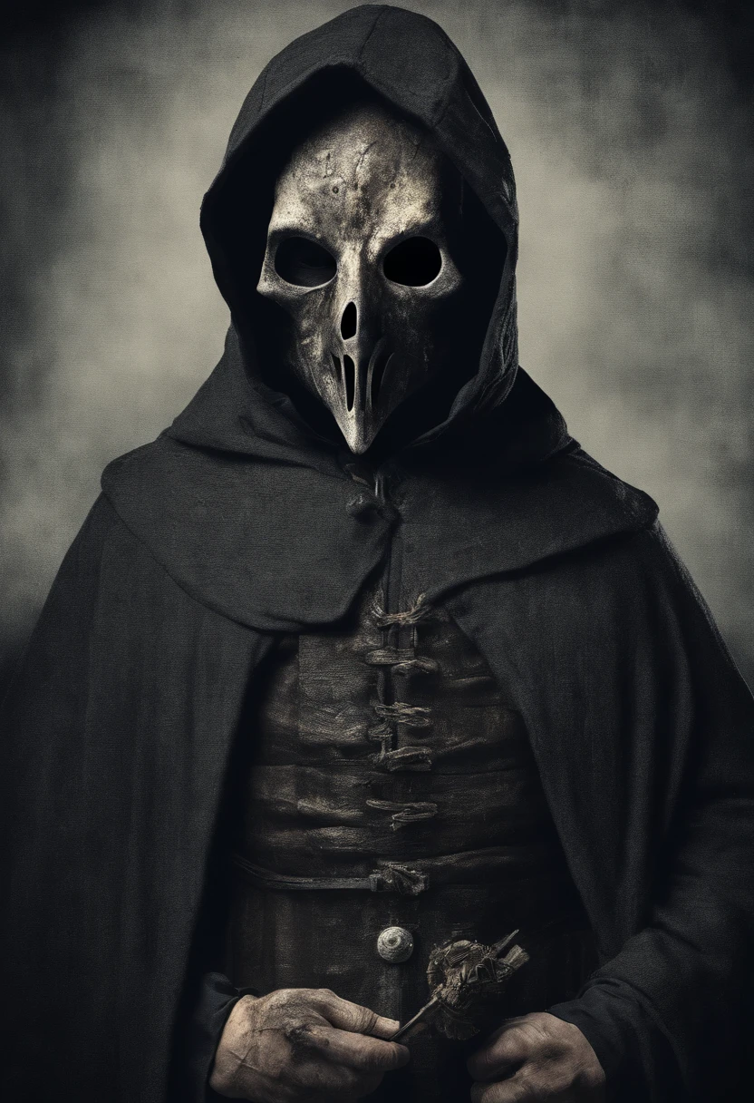 A doctor from the time of the scary plague with medieval clothes and the classic mask of the time with the pointed beak.