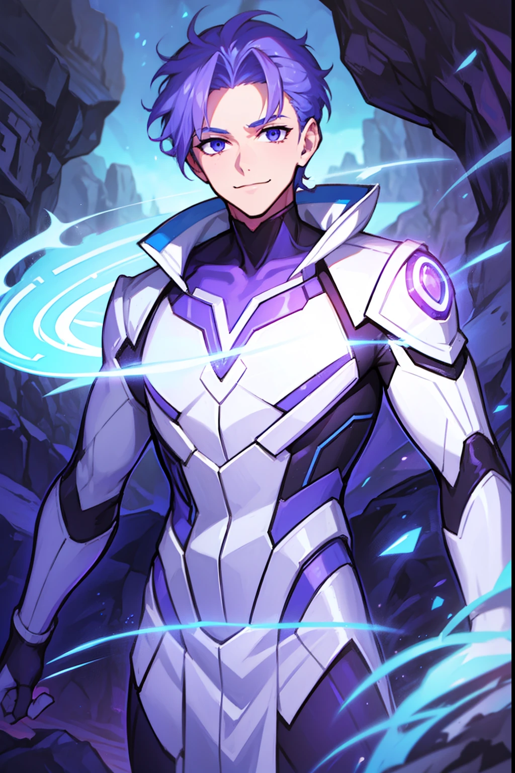 man, Glowing purple and blue hair, white skin, black body suit, glowing eyes, smile, cave with light blue lighting