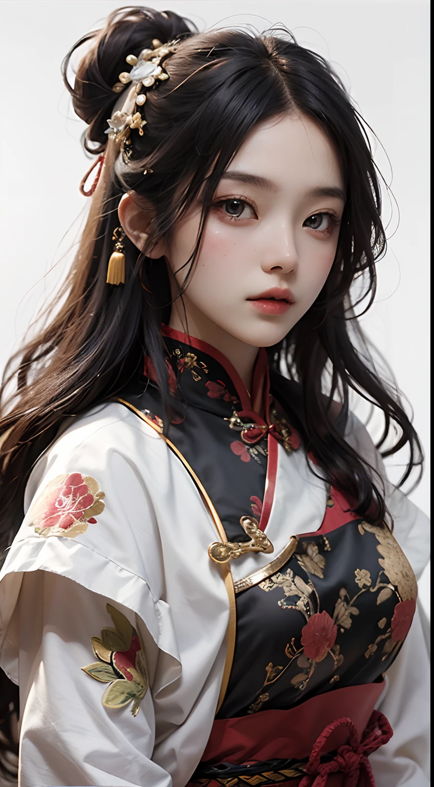A girl, ancient Chinese costume, whole body, sunshine, clear face, clean white background, masterpiece, super detail, epic composition, ultra HD, high quality, extremely detailed, official art, uniform 8k wallpaper, super detail, 32k