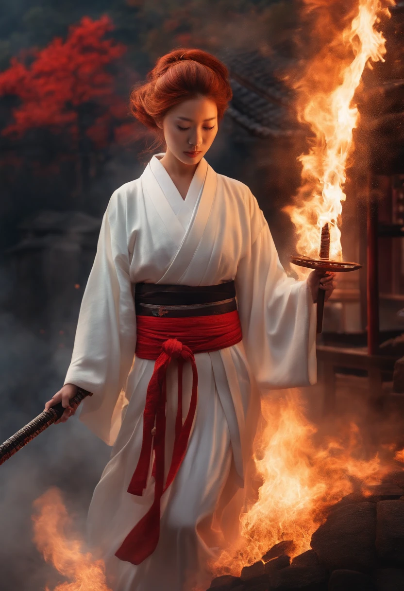 The background is a Japan temple engulfed in flames.、Midnight、red hairs、Woman in white kimono holding Japan sword、Women are also burning