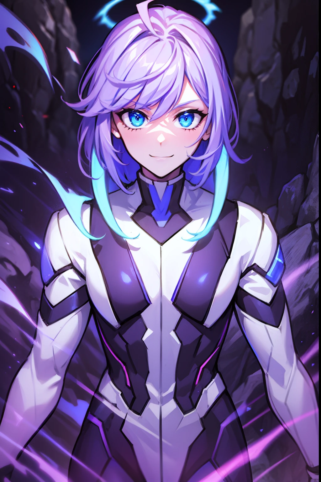 man, Glowing purple and blue hair, white skin, black body suit, glowing eyes, smile, cave with light blue lighting