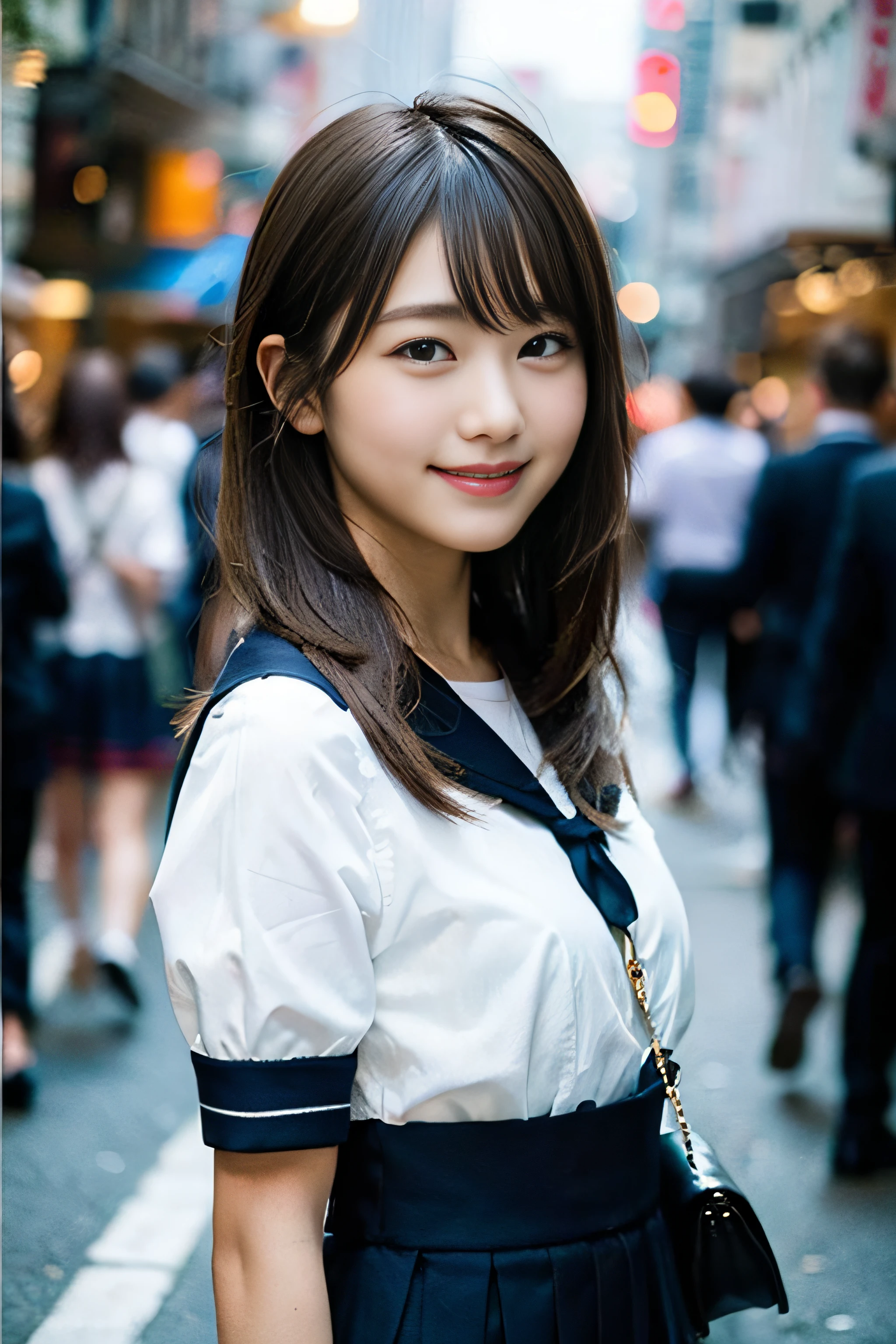 (8K、Raw photography、top-quality、masterpiece:1.2)、(realisitic、Photorealsitic:1.37)、ultra-detailliert、超A high resolution、女の子1人、see the beholder、beautifull detailed face、A smile、Constriction、(Slim waist) :1.3)、Beautiful detailed skin、Skin Texture、Floating hair、Professional Lighting、Whole human body、Longhaire、a blond、japanese hight school uniform、a sailor suit、In the street、Bob Hair、Summer Festivals、Happy smile、sixteen years old
