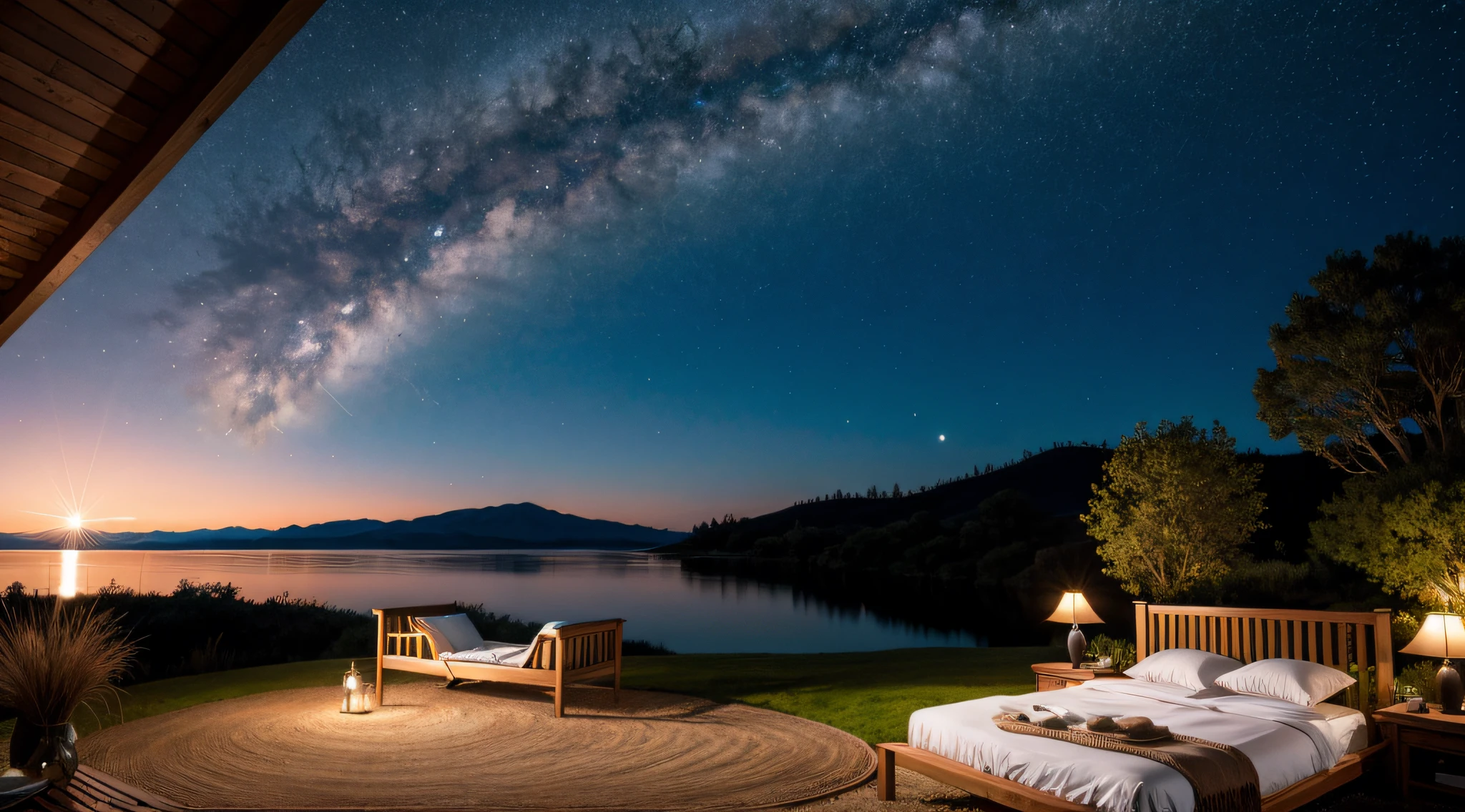 Por favor, It generates a serene and peaceful scene with a normal bedroom bed placed incongruously in the middle of an open and open field.. The place is illuminated by moonlight, con suaves rayos que acarician el paisaje. El cielo nocturno se encuentra salpicado de estrellas brillantes, arrojando su suave brillo sobre toda la escena. The image should convey a strong sense of tranquility and serenity, con el espacio abierto y el cielo estrellado como elementos principales."