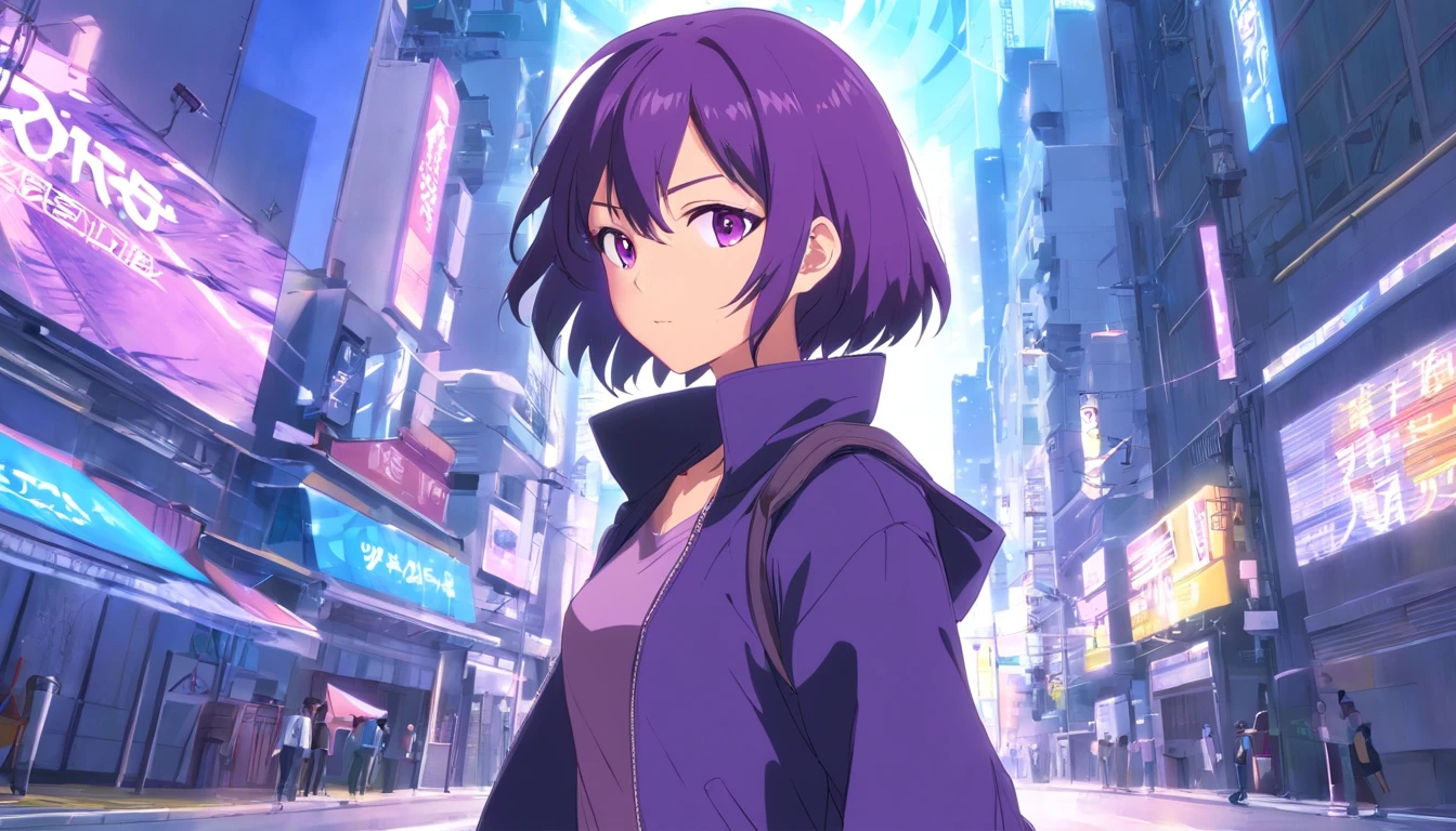 estilo anime muito bonito, mulher sexy, longos cabelos cacheados pretos, olhos esverdeados escuros, usando um espartilho roxo com cordas na frente, Black leather pantyhose, jaqueta de couro preta, com o pano de fundo de uma cidade sombria, dark purple thunder,