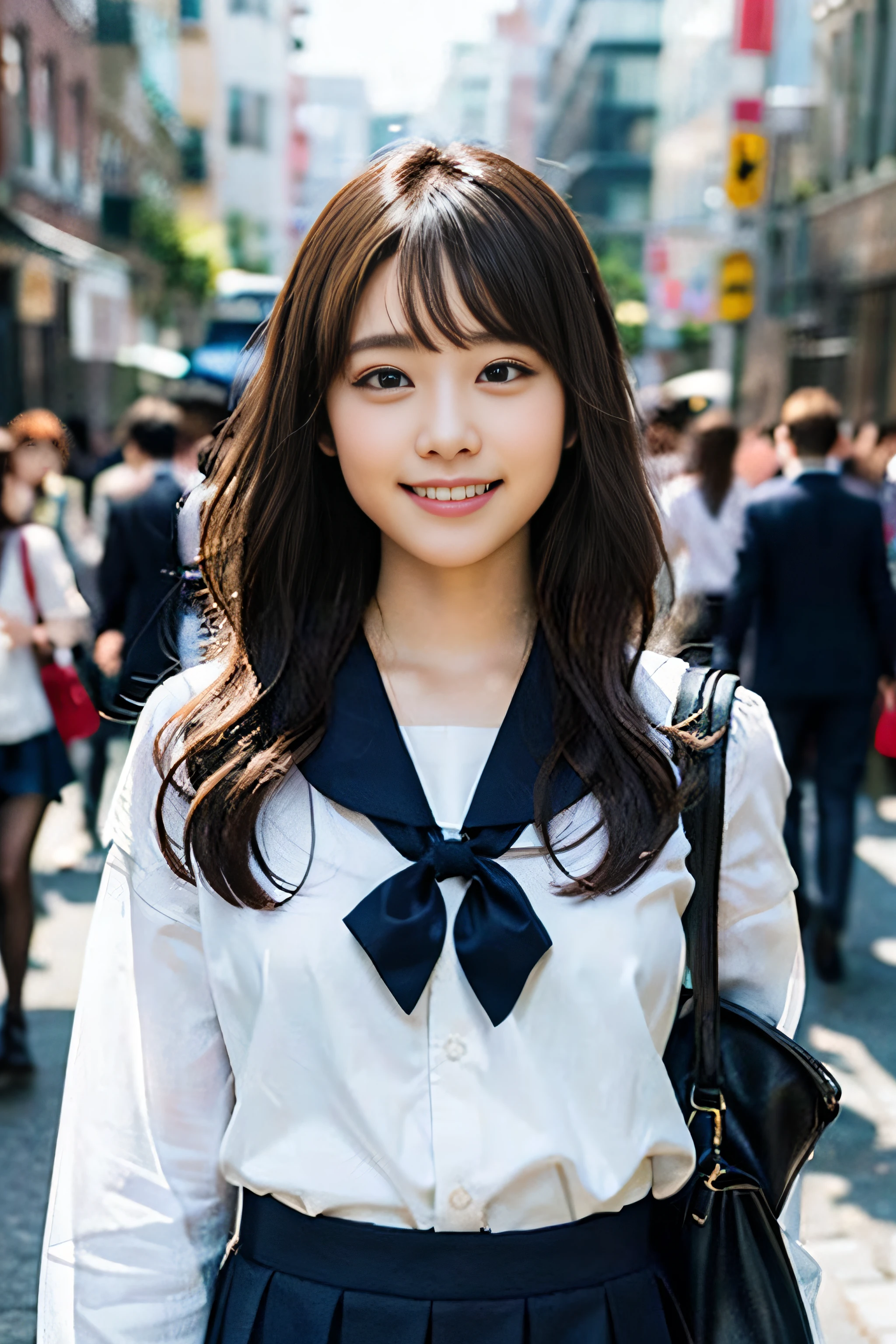 (8K、Raw photography、top-quality、masterpiece:1.2)、(realisitic、Photorealsitic:1.37)、ultra-detailliert、超A high resolution、女の子1人、see the beholder、beautifull detailed face、A smile、Constriction、(Slim waist) :1.3)、Beautiful detailed skin、Skin Texture、Floating hair、Professional Lighting、Whole human body、Longhaire、a blond、japanese hight school uniform、a sailor suit、In the street、Bob Hair、Summer Festivals、Happy smile、sixteen years old