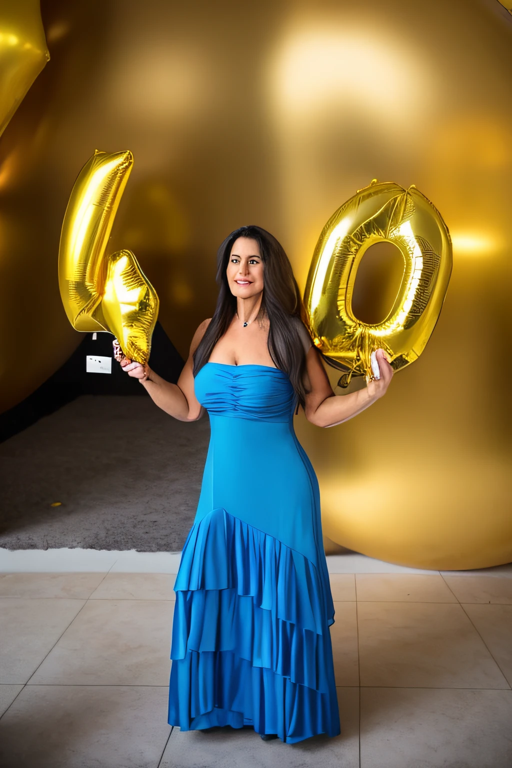 Araffe woman in a blue dress holding a gold number balloon, 4 0 anos, 40 anos, 4 0 anos, ela tem cerca de 40 anos, ela tem cerca de 4 0 anos, retrato de uma mulher de 40 anos, Mulheres de 40 anos, 4 0 - ano - idade, 50 anos
