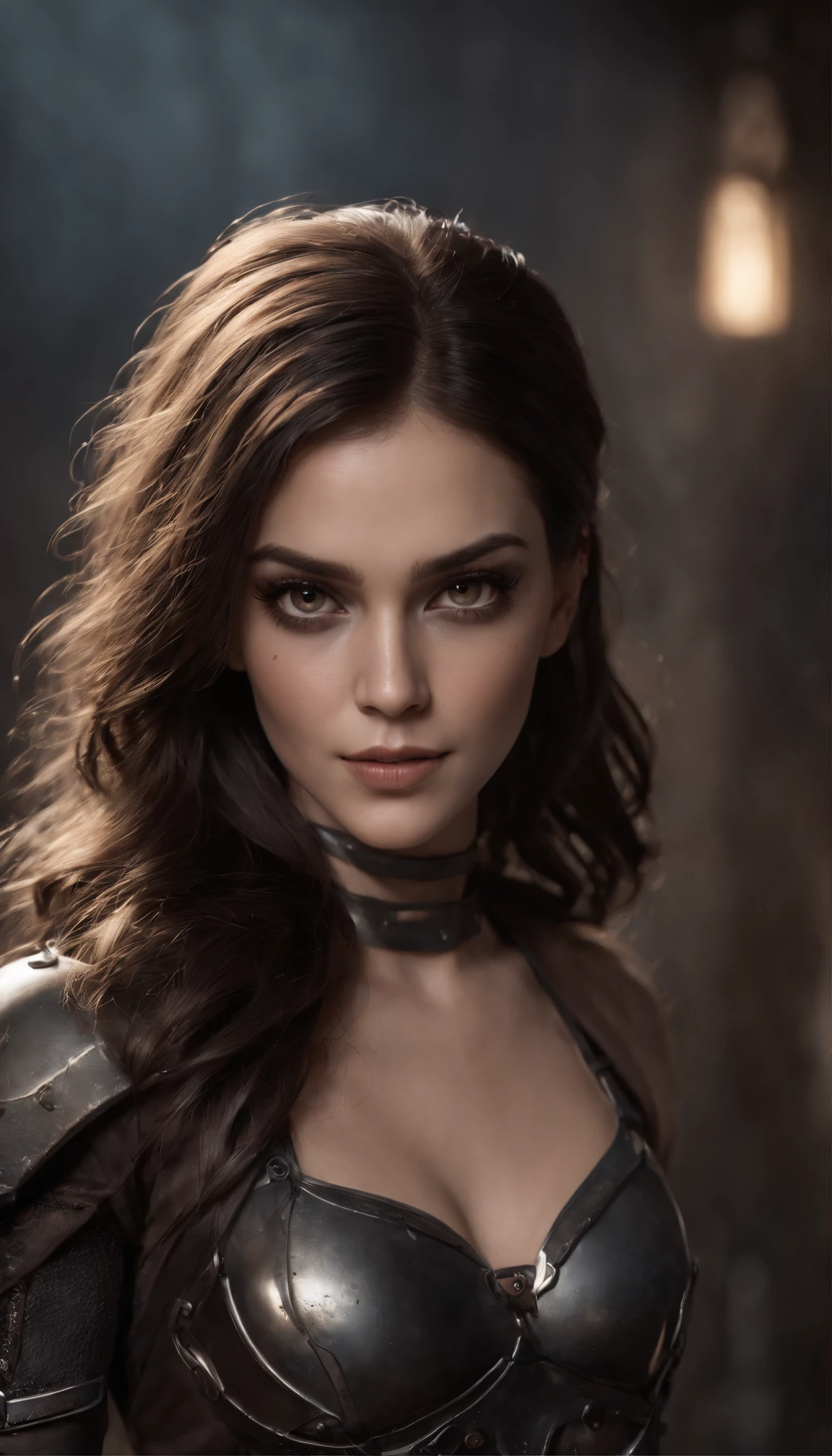 Beautiful cyborg warrior woman in rusty magic style, aumento cyberpunk, Cyber Software, ciborgue, fibras de carbono, cromar, Implantes, metal skull, Cyber Plate Armadura, (atmosfera escura:1.2), (nevoeiro & smoke billowing), (It's dark night:1.3), As cicatrizes, (medium length shaggy dark hair:1.1), (sombras para os olhos:1.1), (brilho lindamente detalhado:1.2), (Cinematic lighting), detalhes intrincados, A high resolution, olhos arredondados, detailed facial features, foco nítido, liso, aesthetic, Fundo escuro detalhado da planta industrial, pose estilosa, dynamicposes, (dramapaint)