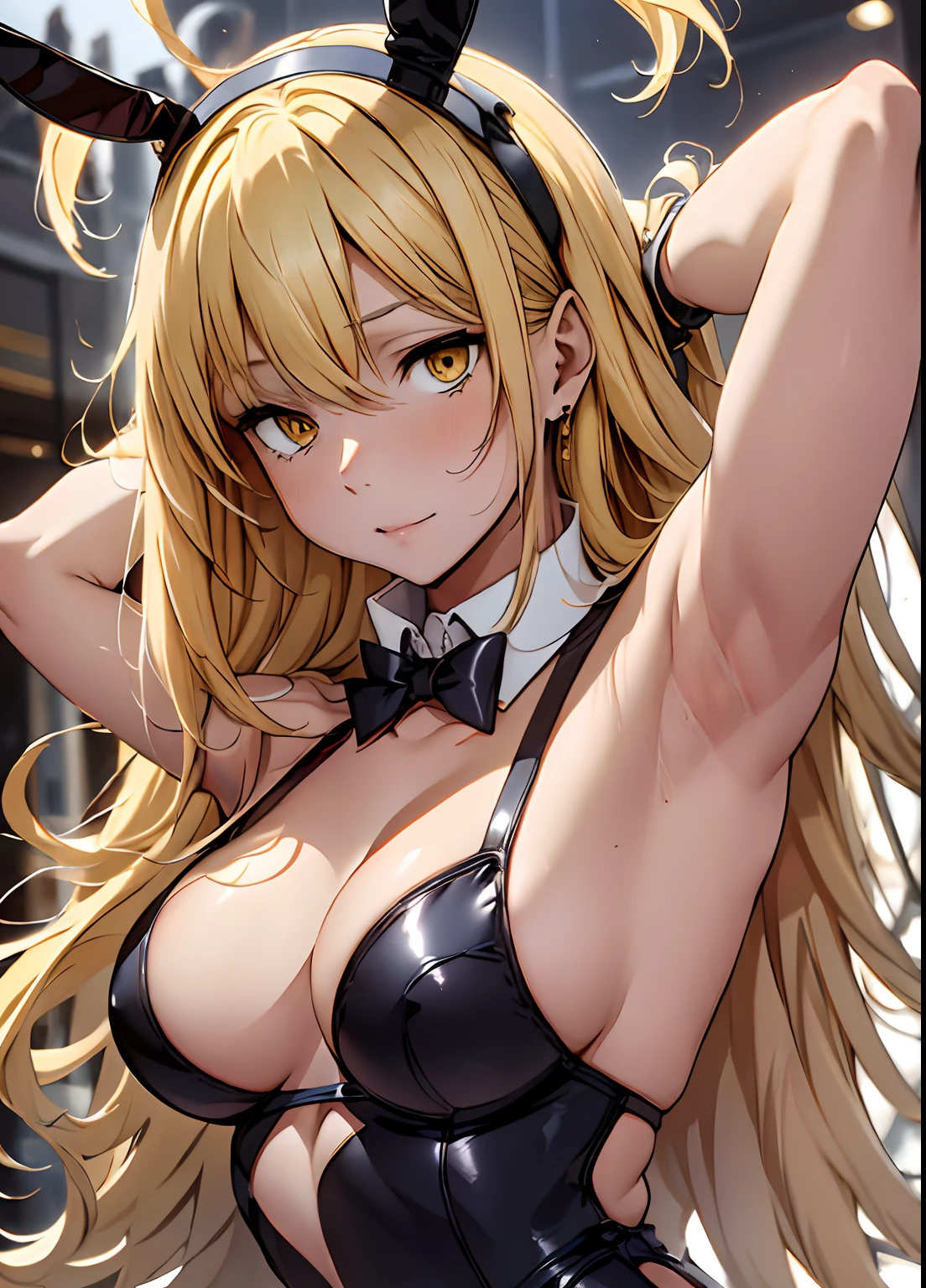 ais, 1girl, solo, blonde hair, long hair, straight hair, yellow eyes, sunny, standing, bunny outfit, playboy bunny, sexy armpits