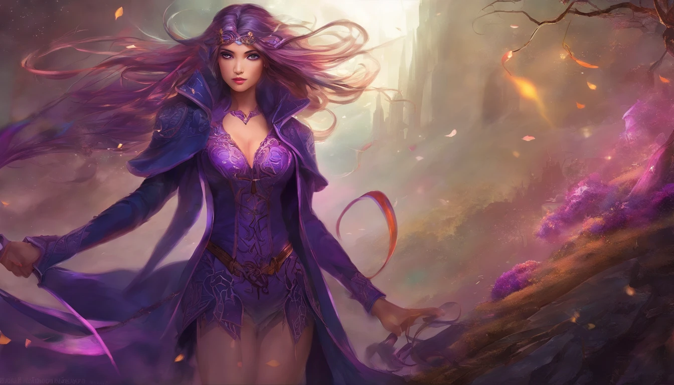 estilo anime muito bonito, mulher sexy, longos cabelos cacheados pretos, olhos esverdeados escuros, usando um espartilho roxo com cordas na frente, Black leather pantyhose, jaqueta de couro preta,  com o pano de fundo de uma cidade sombria, dark purple thunder,