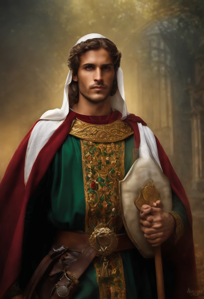 soldado romano segurando uma cruz escrita hoje. Foto realista. Catholic saint. Santo Expedito. Homem bonito, soldado bonito.