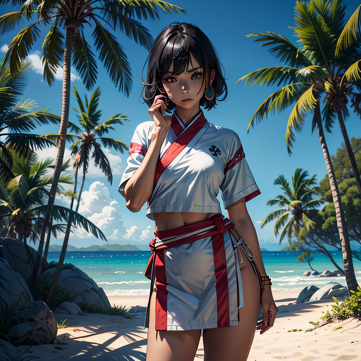 warrior tribe women, (skeptical facial expression), wearing korean clothes, skinny, cute, perfect face, palm trees, beach, standing, weapon
