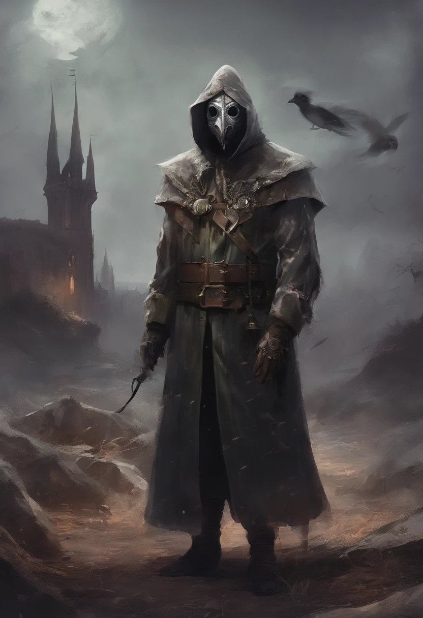 A doctor from the time of the scary plague with medieval clothes and the classic mask of the time with the pointed beak.