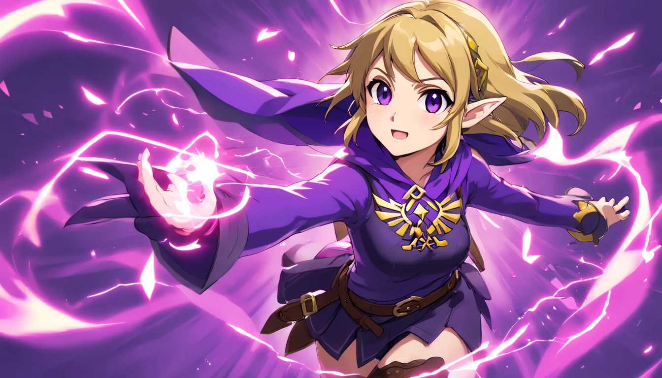 estilo anime muito bonito, mulher sexy, longos cabelos cacheados pretos, olhos esverdeados escuros, usando um espartilho roxo com cordas na frente, Black leather pantyhose, jaqueta de couro preta,  com o pano de fundo de uma cidade sombria, dark purple thunder,