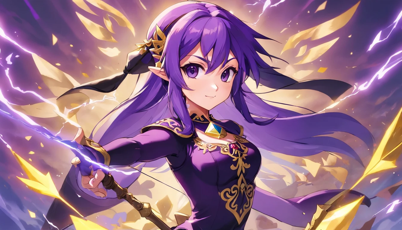 estilo anime muito bonito, mulher sexy, longos cabelos cacheados pretos, olhos esverdeados escuros, usando um espartilho roxo com cordas na frente, Black leather pantyhose, jaqueta de couro preta, com o pano de fundo de uma cidade sombria, dark purple thunder,