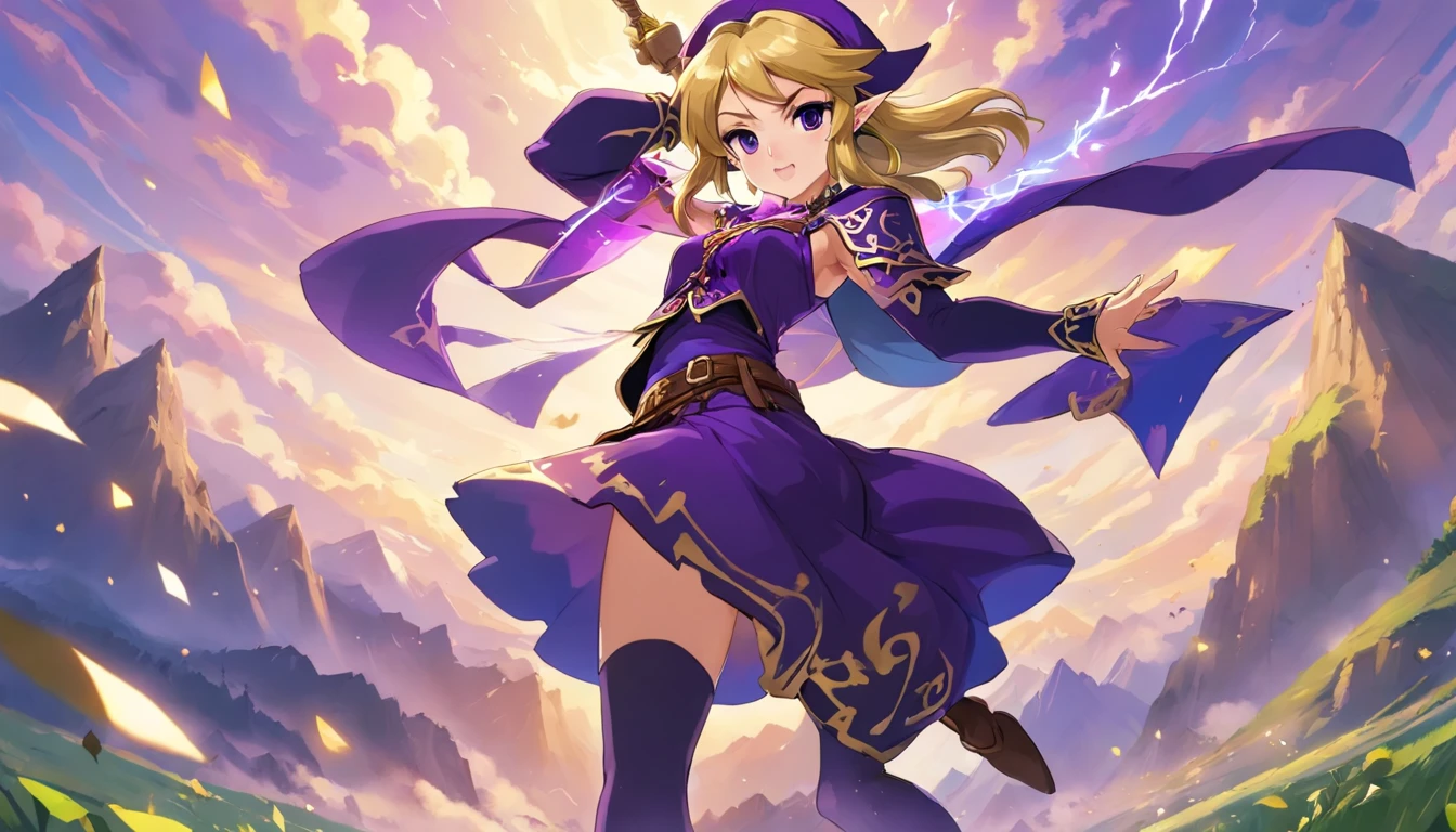 estilo anime muito bonito, mulher sexy, longos cabelos cacheados pretos, olhos esverdeados escuros, usando um espartilho roxo com cordas na frente, Black leather pantyhose, jaqueta de couro preta, com o pano de fundo de uma cidade sombria, dark purple thunder,