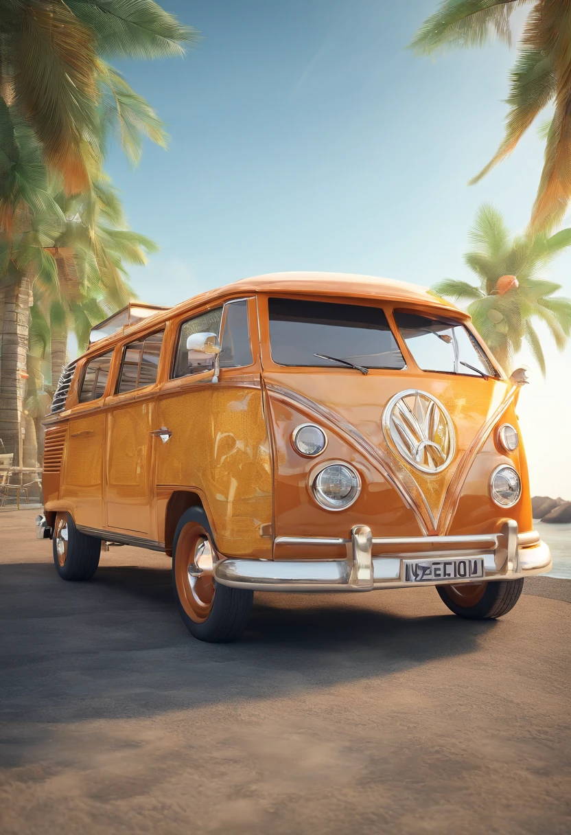 Describe a high-definition and highly realistic image of an ad for a Kombi churros. Detalhe o vendedor dentro da Kombi, entregando um churros fresco e quentinho para um cliente satisfeito. Destaque a textura crocante do churros, the delicious aroma that spreads in the air and the expression of pleasure on the customer's face when tasting this delicacy
