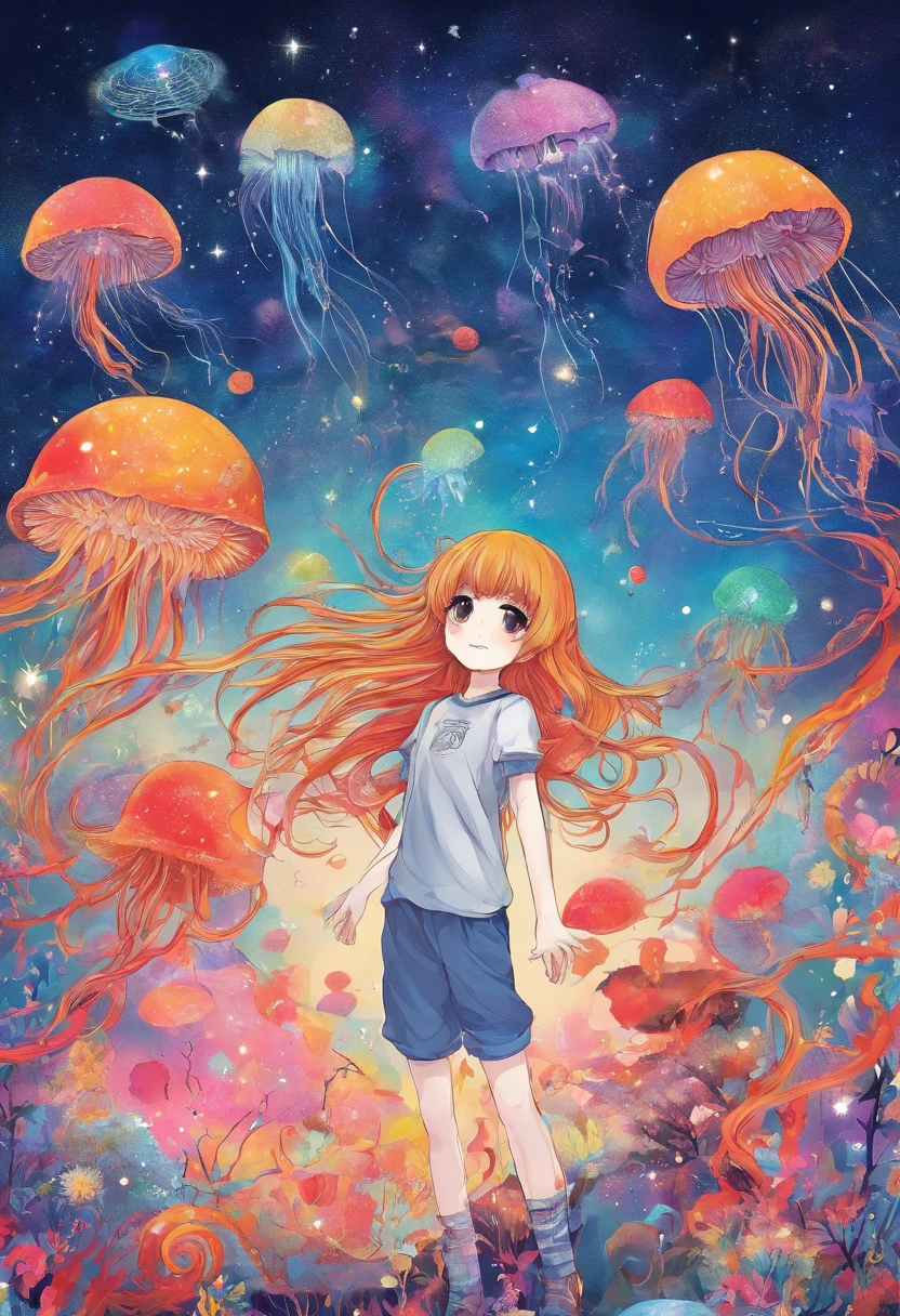 galaxy, foguete, jellyfish, Estrela cadente, arte fofa. Chibi, arte digital. calma aconchegante, mais