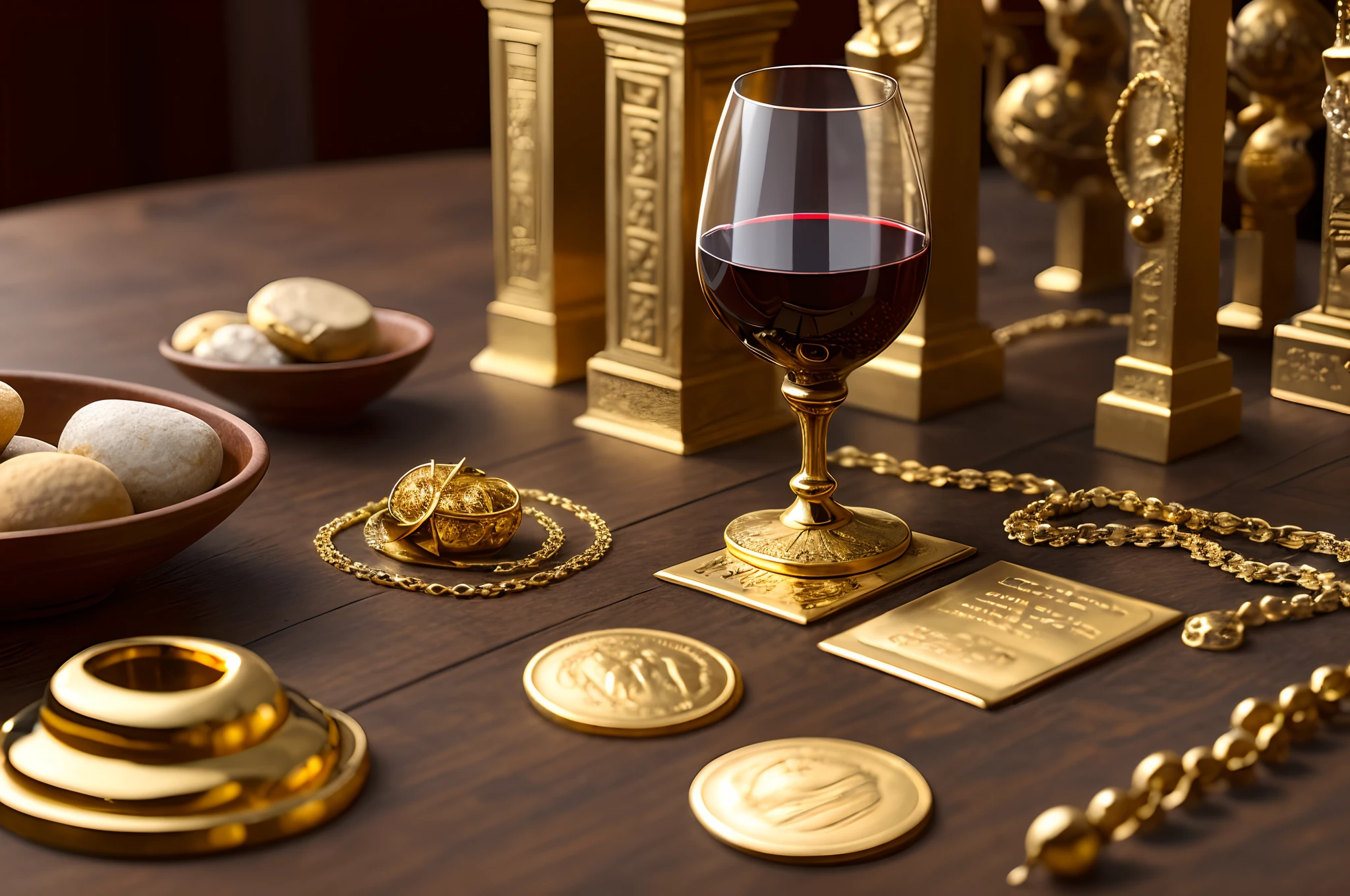 Symbolic treasures and jewels in the ancient African temple, brilho de ouro e rodeado de pratas, with a wine goblet full of gold on the edges
