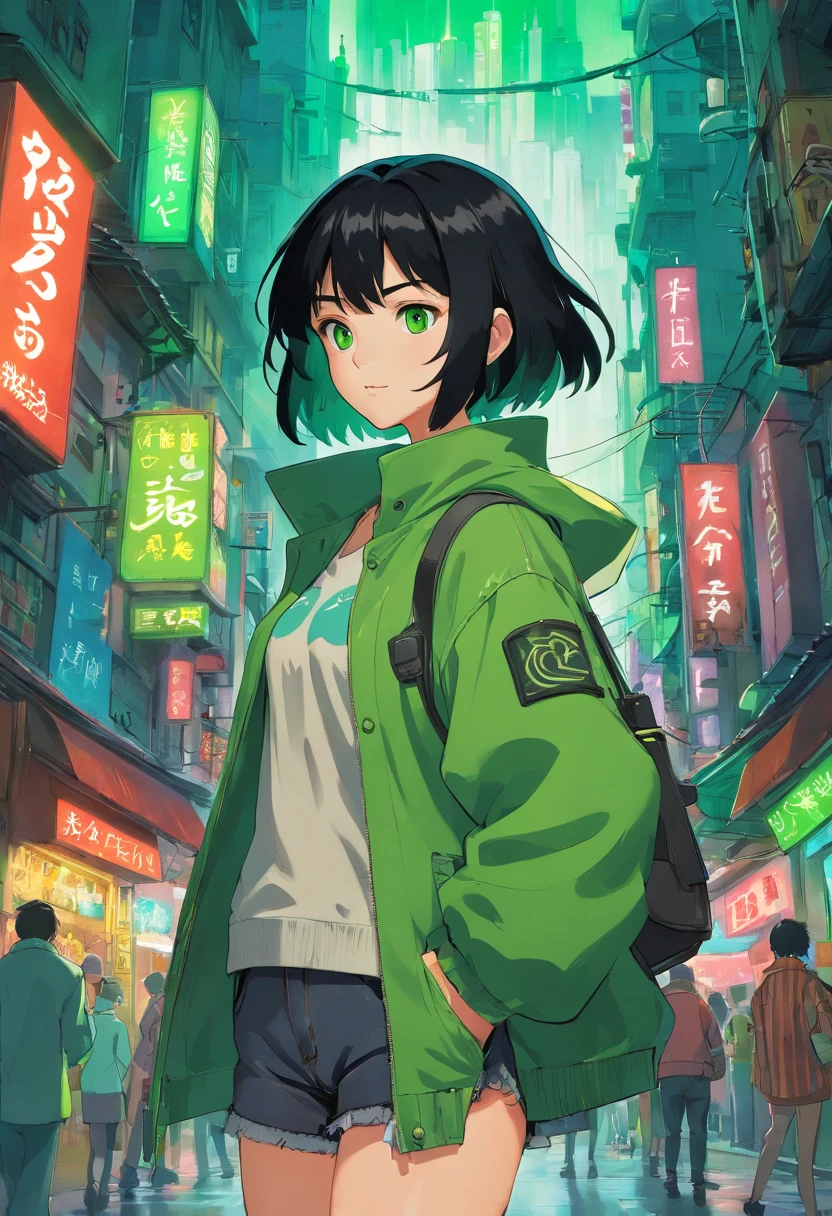 1girl, (masterpiece), black hair, short hair, green eyes, Green coat, black short jeans, cyberpunk city,