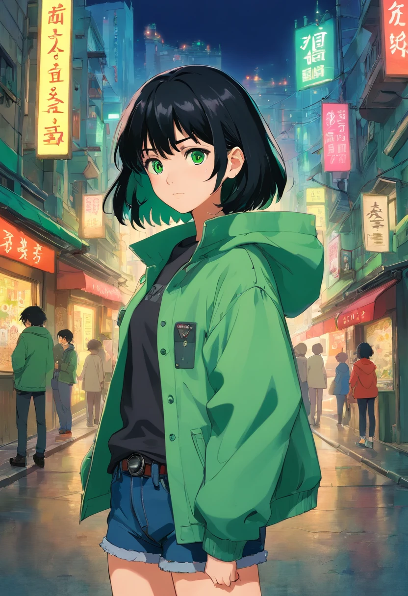 1girl, (masterpiece), black hair, short hair, green eyes, Green coat, black short jeans, cyberpunk city,