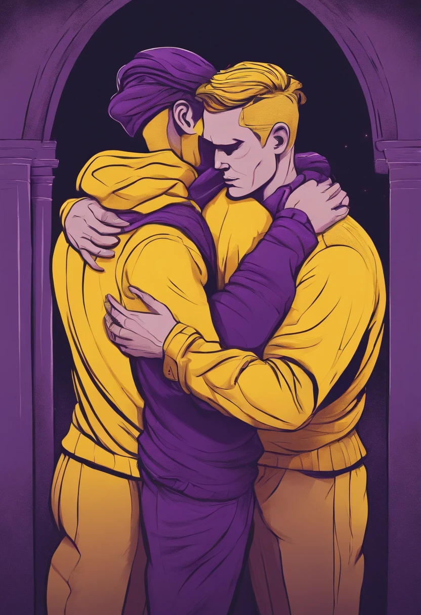 Cartoonish illustration of two brothers embracing each other with yellow and purple colors only