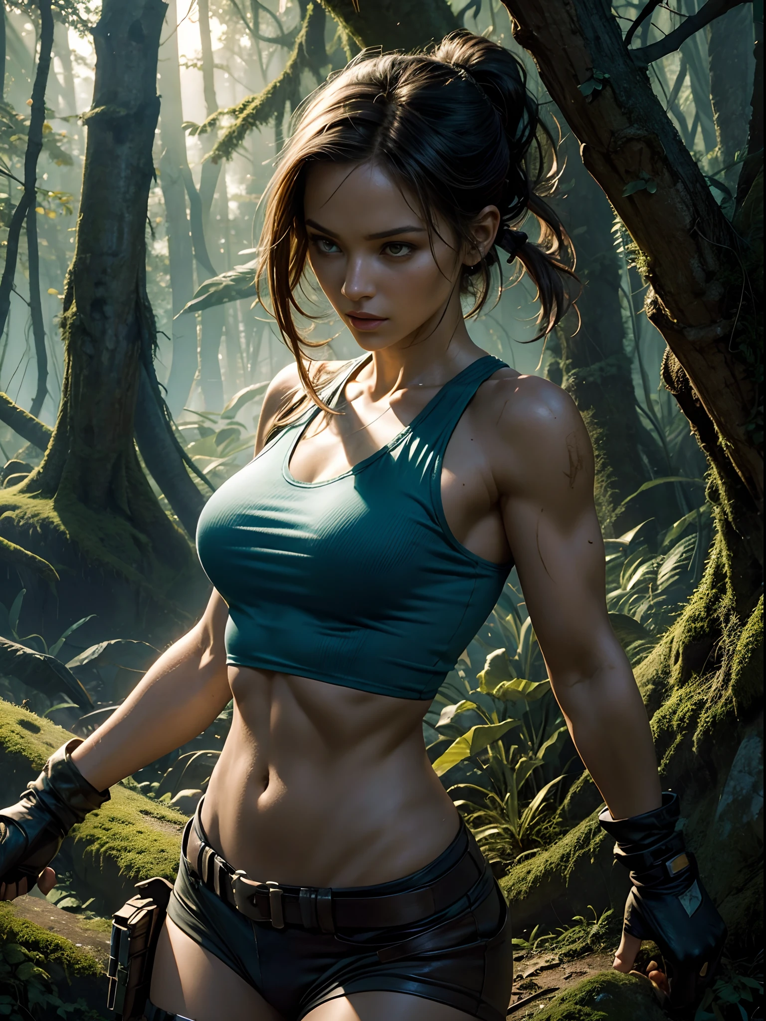 sweat drops, photography, (cool posing:1.1025), , ultra realism shading, Emma Watson, holding spear, photorealistic,  (rembrandt:1.1025), tribal, warrior, biceps, (loincloth:1.05), tiny small waist, slim female, forest