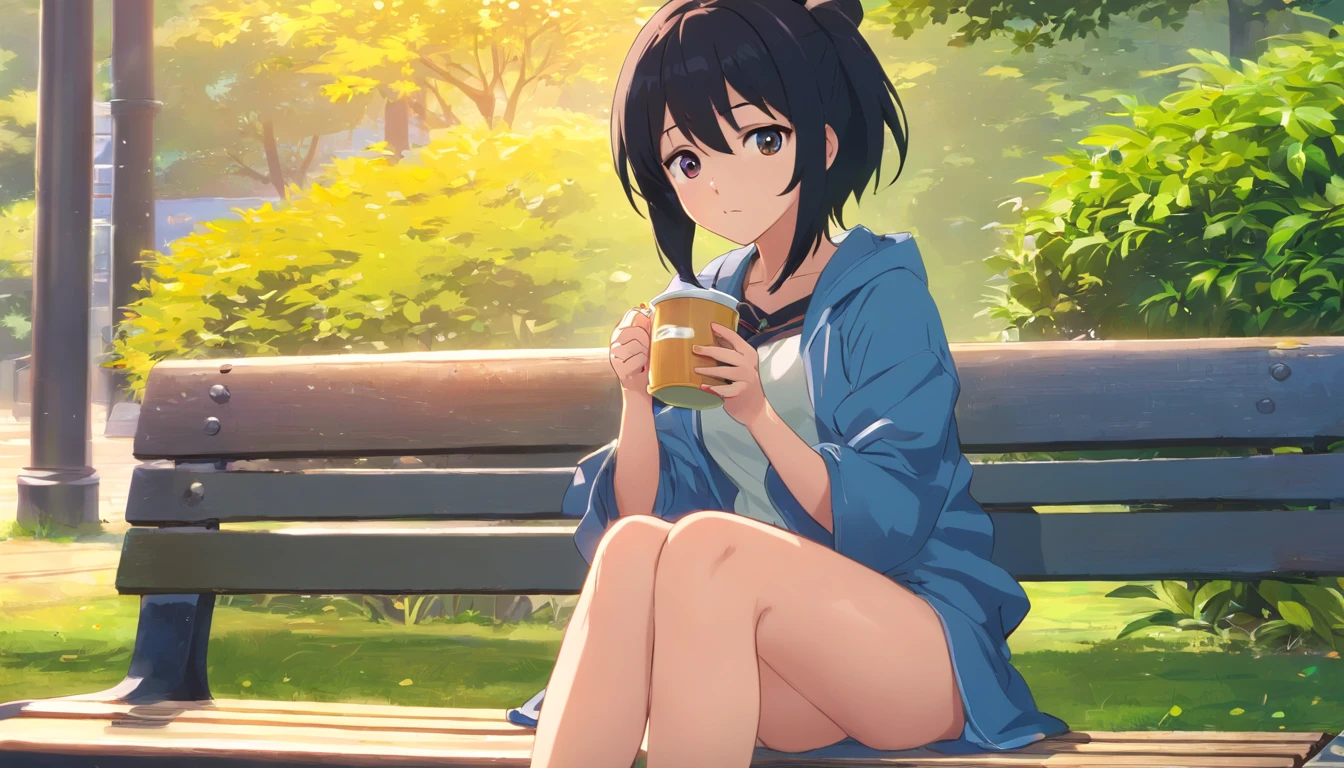 Black hair, completely naked, anime girl sitting on a bench with a cup of coffee, cute anime girl, anime style illustration, soda themed girl, anime girl, young anime girl, beautiful anime girl, anime style 4 k, digital anime illustration, anime visual of a cute girl,