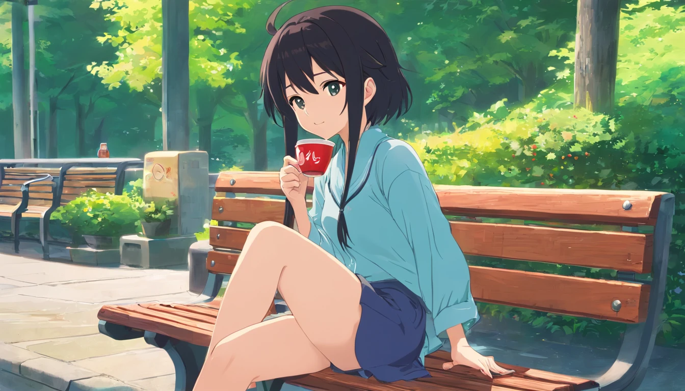 Black hair, completely naked, anime girl sitting on a bench with a cup of coffee, cute anime girl, anime style illustration, soda themed girl, anime girl, young anime girl, beautiful anime girl, anime style 4 k, digital anime illustration, anime visual of a cute girl,