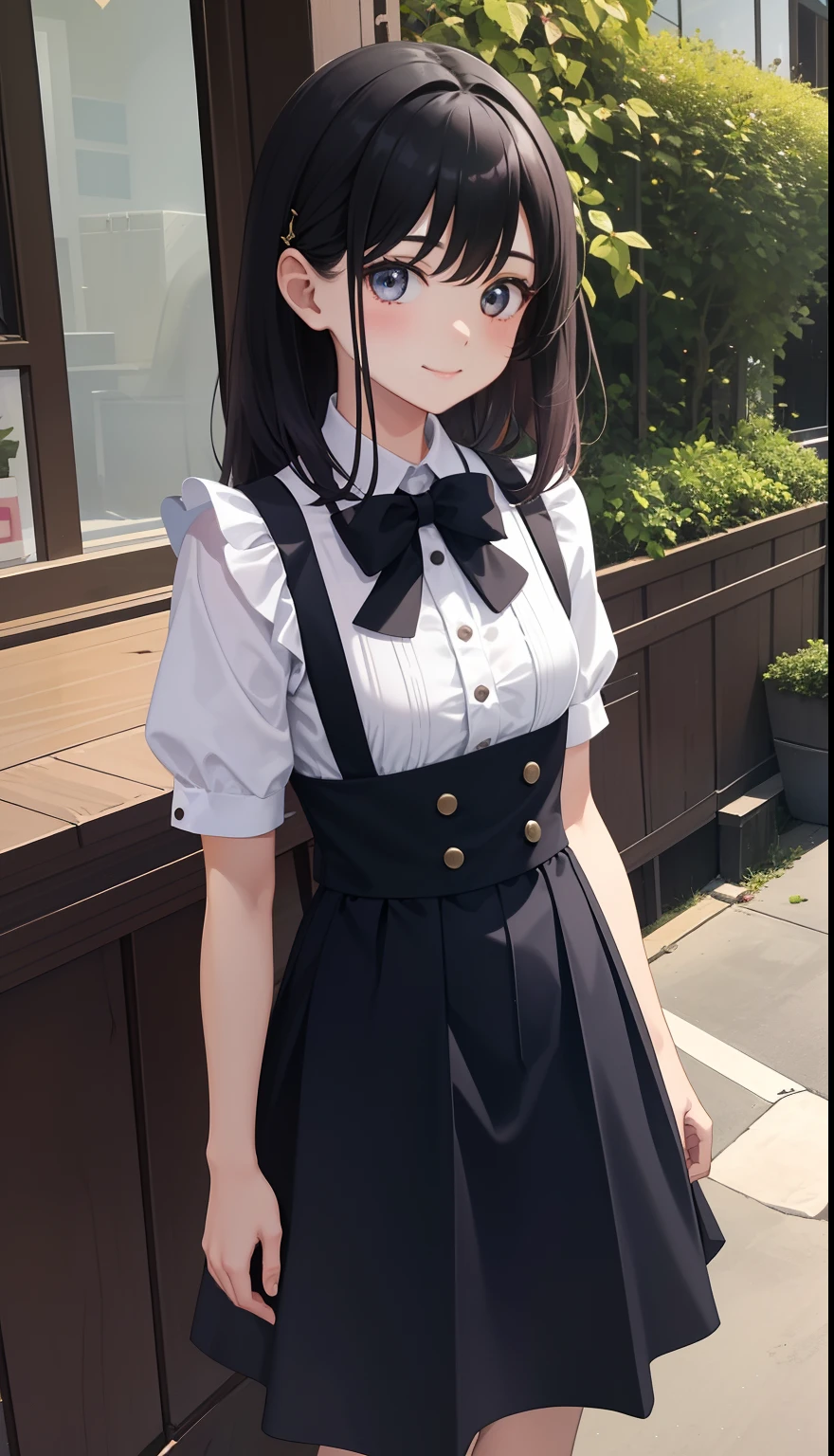 1girl in、AS-Adult、A smile、The shirt、skirt by the、（small tits）、doress、pinafore、hair adornments、（Maids）、Upper body portrait、Dynamism、